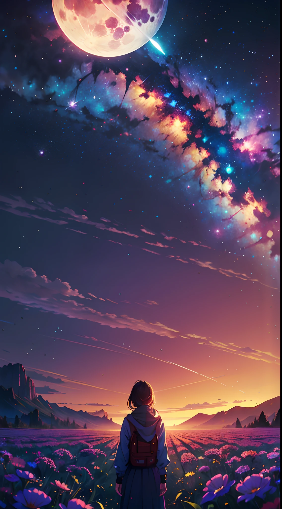 expansive landscape photograph , (a view from below that shows sky above and open field below), a girl standing on flower field looking up, (full moon:1.2), ( shooting stars:0.9), (nebula:1.3), distant mountain, tree BREAK production art, (warm light source:1.2), (Firefly:1.2), lamp, lot of purple and orange, intricate details, volumetric lighting, realism BREAK (masterpiece:1.2), (best quality), 4k, ultra-detailed, (dynamic composition:1.4), highly detailed, colorful details,( iridescent colors:1.2), (glowing lighting, atmospheric lighting), dreamy, magical, (solo:1.2)