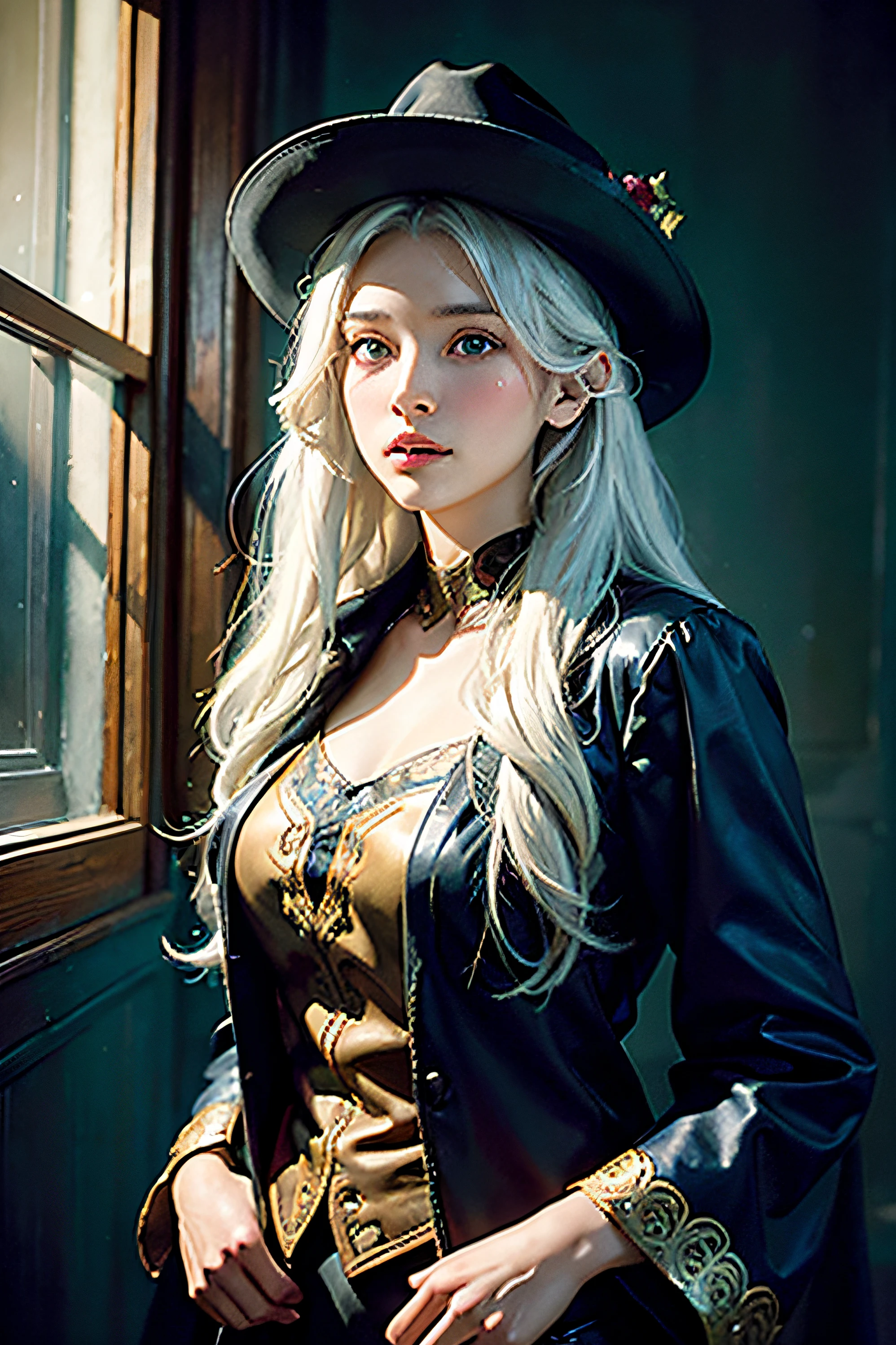 Hyperrealist portrait of female by david hockney and alphonse mucha,fantasy art, photo realistic, dynamic lighting, artstation, poster, volumetric lighting, very detailed faces, 4 k, award winning,, 1girl, in the dark, deep shadow, low key,cowboy shot,(official clothing:1.4) ,long hair,white hair,