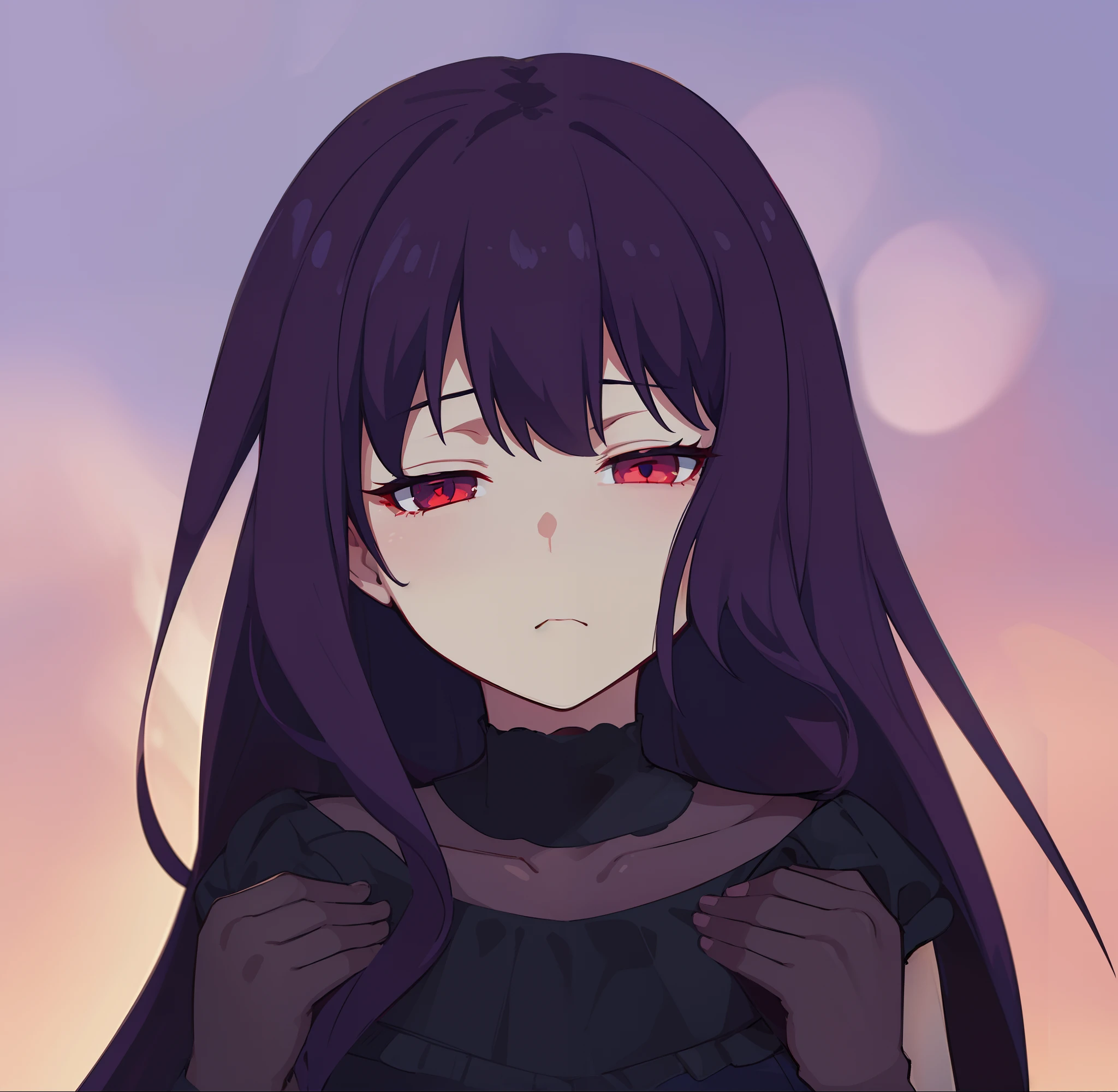 A  girl.  dark colored hair. red-eyes. Dark gothic outfit. frowning face. covered eyes. bags under eyes. Narrow mouth. A hand in a dark glove near the chest.