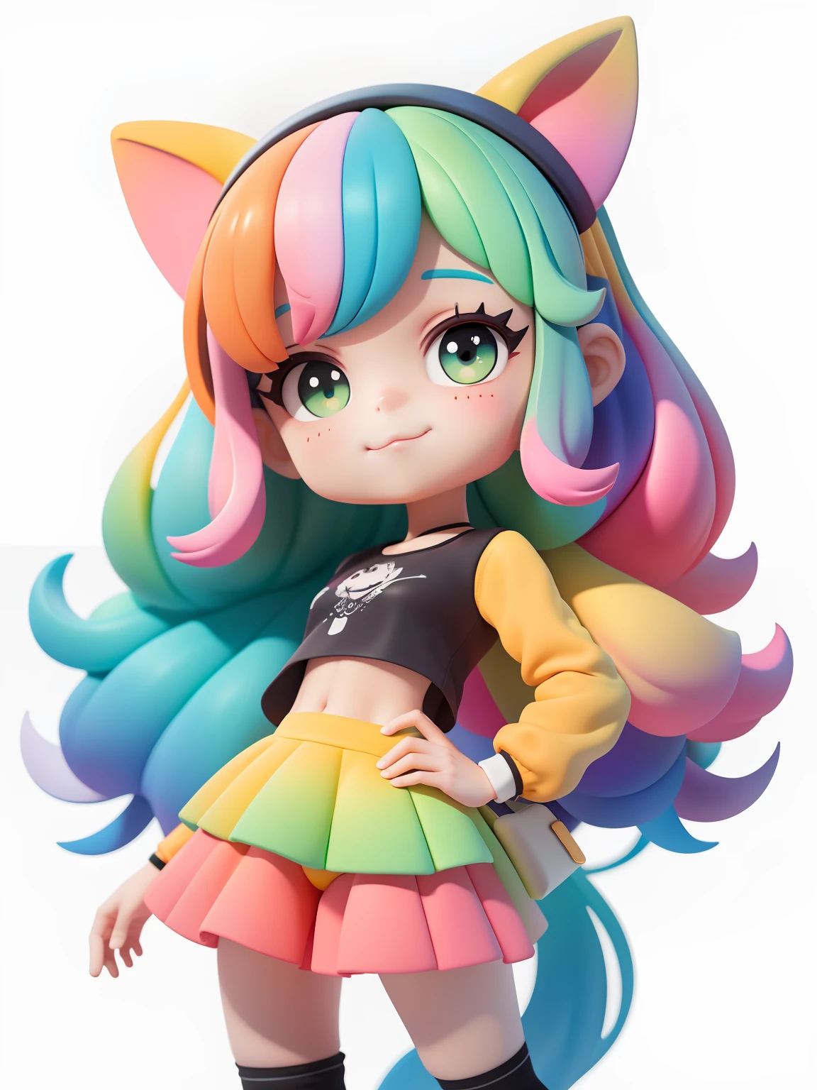 (obra-prima), (melhor qualidade), (ultra-detalhado), (corpo inteiro: 1.2) loli menina loira, negra, pants and mini blouse, sorriso claro, corpo inteiro, :3, cabelo multicolor, curto, preso, pavor, moderno, Modern accessories, fundo tom pastel , colorido e simples.