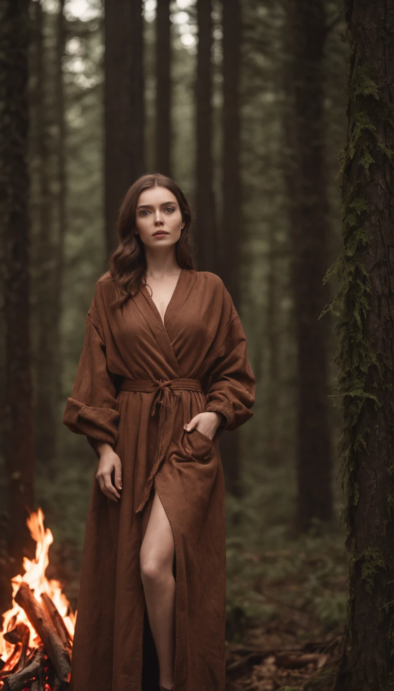 "An extraordinary masterpiece, with intricate details, capturing the essence of absurdity (+1.2 creativity boost). A mesmerizing photo of a single girl, nestled in the depths of the dark forest. She stands by a crackling bonfire, dressed in a rustic brown robe."