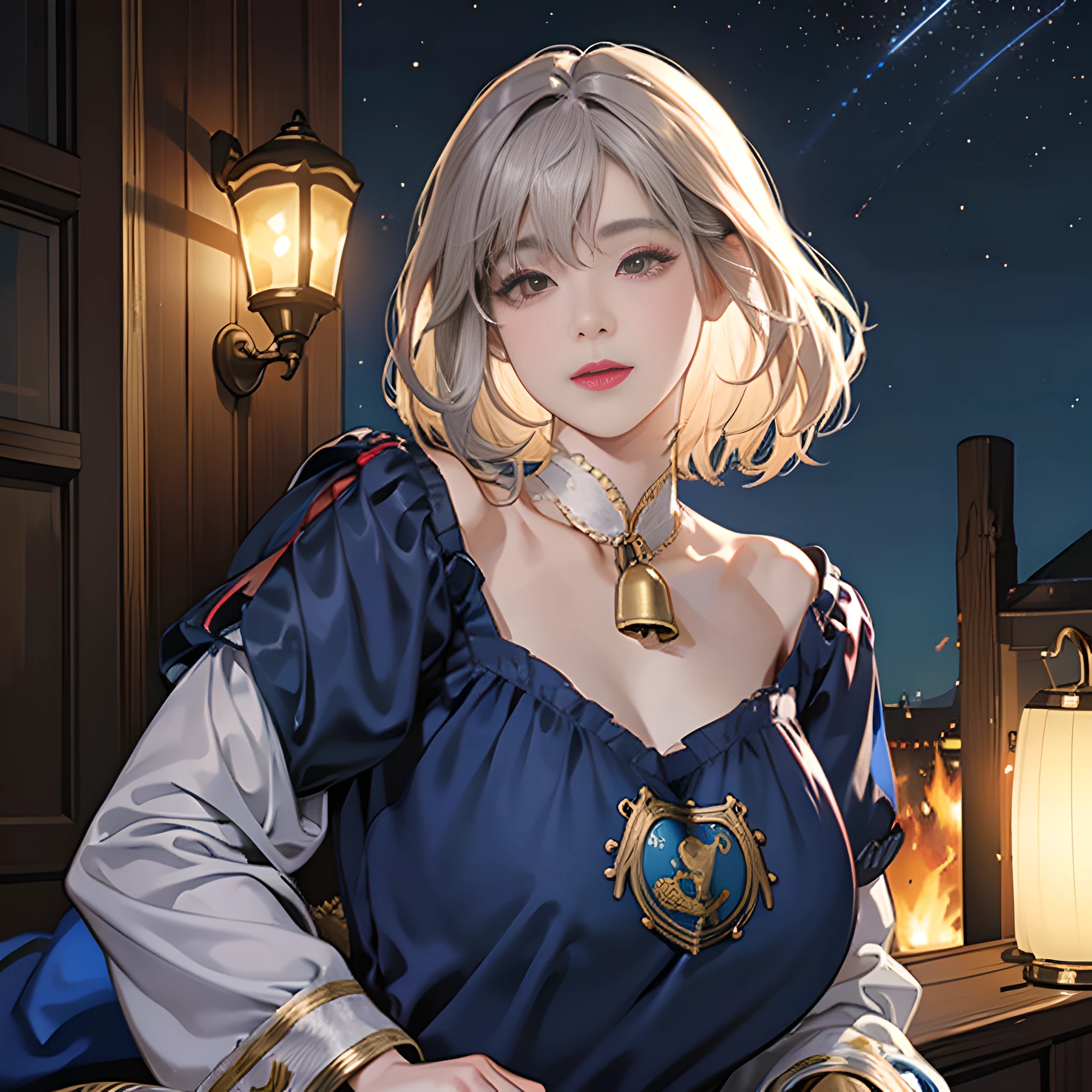 oppai, sakimichan, Realistic Young Gravure Idol, (masutepiece: 1.5), hight resolution, ( Best Quality: 1.6), (Best Quality: 1.4), (Fantasy Art), pale skin, (masutepiece), (Fantasy Art), wearing dress, Waiting for prey, Dark fantasy background (Best Quality: 1.5), Realistic, Red Eyes, Solo, fire, {beautiful, flushed face, detailed hair, fair skin, [big ass], mature, (luxury blouse:1.3), (Beautiful :1.2), dynamic, intelligent and a smile, short perm, red lips, thin chin}, Ultra quality, ultra resolution, detailed, absurd, incredibly, niji, Women in Their 20s, offcial art, unity 8k wall paper, ultra-detailliert, beautifly、Aesthetic, ​masterpiece, top-quality, Photorealsitic、5-Fingers、Perfect fingers、Beautiful fingers、Big eyes、Cat-eared clan、Cat's ears、very thick tail:1.5、very thick and long tail、dark brown eyes、Silver-white hair、shorth hair、Short-cut hairstyles、Collar with bell:2.0、Blue Short Dress、depth of fields, Fantastic atmosphere, Calm palette, tranquil mood, Soft shading、cobblestone road、Stone signpost、Rivers and bridges、Beautiful Landscapes, very large breast、plump figure、Sky with stars、crescent、Lamp light