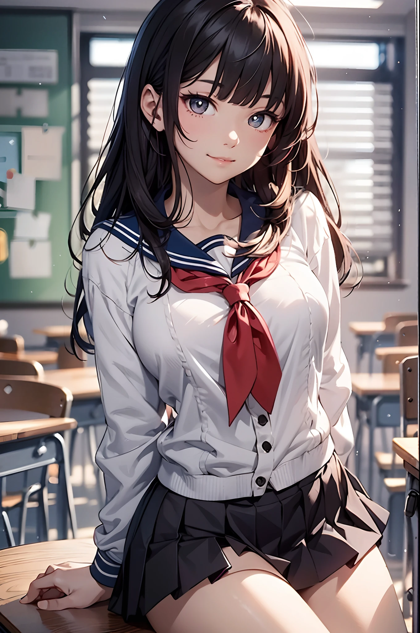 (highest quality、In 8K、32K、masterpiece、nffsw、Super high resolution、Impressionism、Photoreal:1.2)、big breasts、cowboy shot, detailed face and eyes、 inside the classroom、School、sunset、beautiful face、blurred background、 beautiful girl、shiny skin、half up hair、beautiful brown hair、dull bangs、brown eyes、(closed one eye、put your index finger to your mouth:1.2)、sailor suit、pleated mini skirt、curve、(Skirt up、I can see your pants:1.2)、thighs thighs thighs、(Navel exposed:0.4)、dynamic pose