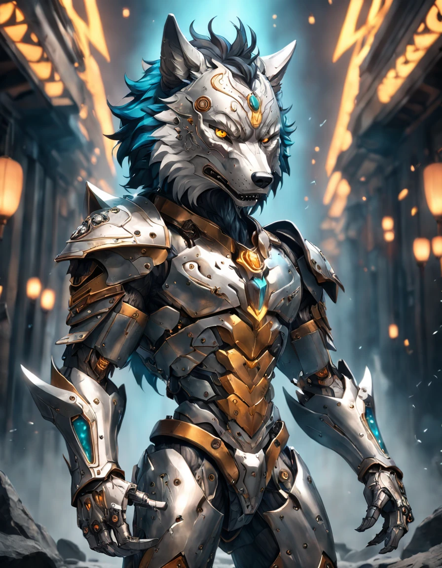 maximum quality, Dramatic lighting, menacing pose, fierce expression, epic atmosphere, (((wolf head shaped helmet))), (((full body shot))),a wolf made out of metal, cyborg, cyberpunk style, clockwork, ((intricate details)), hdr, ((intricate details, hyperdetailed)), incandescent lamps, cinematic shot, vignette, bokeh effect beckground, (canines), (full body shot).