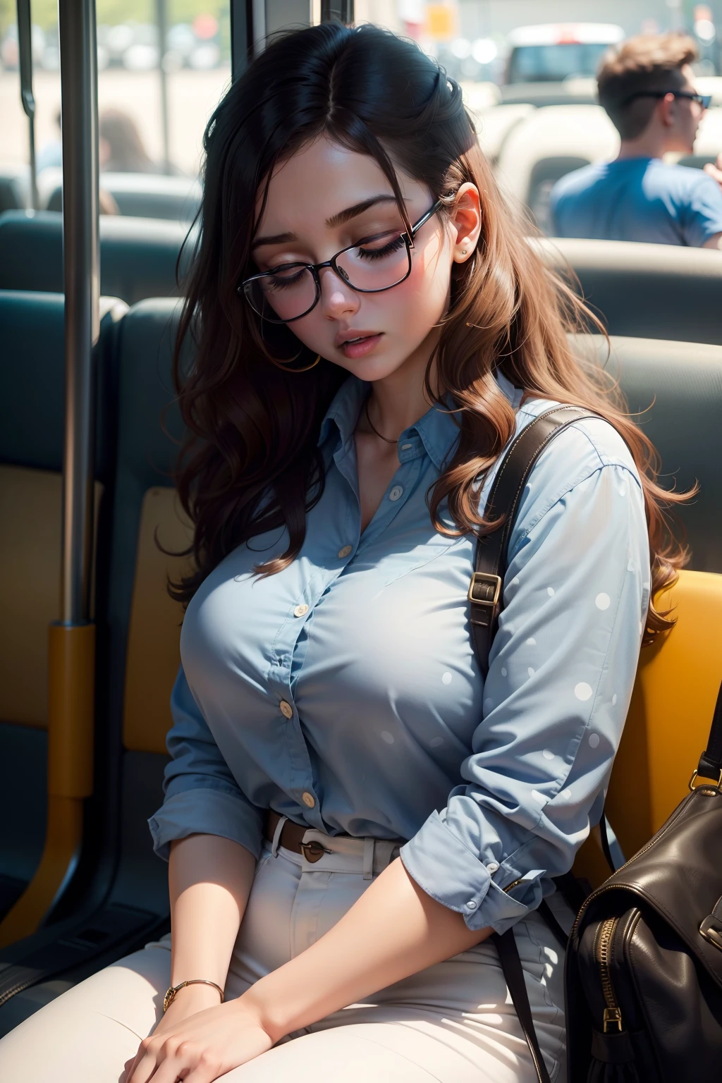 Woman with perky breasts, new, pussy exposet, age 45, Staring at me, on the bus seat next to me, breasts exposet are , wearing glasses, curly hair, big eyes
