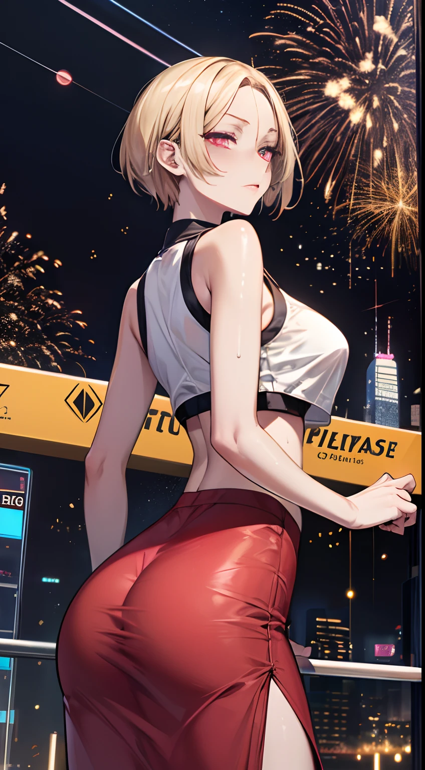 (masutepiece, Best Quality:1.5), (Blue-violet theme:1.2), (fine lines, Particle:1.6), Upper body, 8K, absurderes, tight outfit, close up of face, thighs thighs thighs thighs, Delicate girl, Violet crop top, Sleeveless, Violet skirt, Cinch West, From below, arching back down, Shiny skin, (Colossal tits, Standing, Looking at Viewer, zora々Right, , Pixie Short Hairstyles, Cream yellow hair, shorth hair, Black skin, digital anime:0.8), (Edge lighting, highest details, ighly detailed, ultra-detailliert, finely detail:0.8), [:Detailed face and eyes:10], (Lesh pink eyes:1.2), Simple background, (City at night with a dull bluish tint:1.5), (a sultry:1.6), Race Queen, Night Circuit, Racing Courses, Large crowds, Spectators, Fireworks Unreal Engine 5 Realistic Rendering, cosplayer, Random Posing, Race Queen、Uniform with logo、 Exquisite beauty、Beautiful face, Body shape of slim model, Colossal tits, shiny, wet shiny body, short white hair, dark brown skin, neons、Large crowds、audience、Forming an emperor、Drag racing、Midsommar Racing Circuit、racing car、Lower grade、crowd、spectators、
