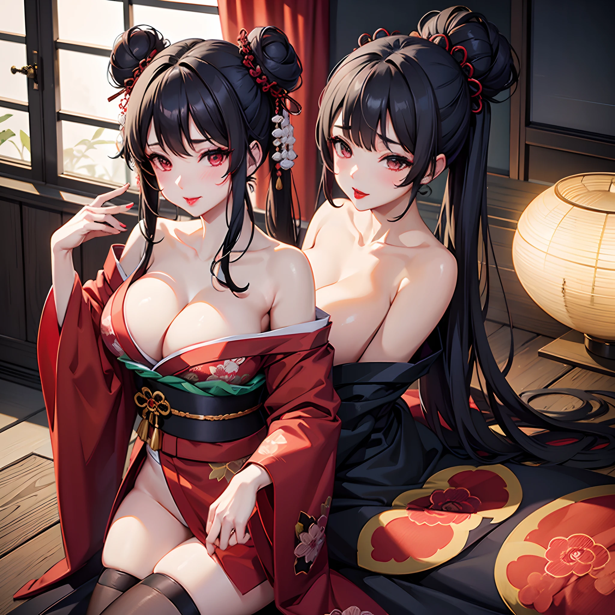 Best quality, highest resolution, Very large breasts, traditional japanese kimono, v-neck, cleavage, visible bra, see-through, black hair, long hair, bun updo, red lips, black thigh highs, licking own lips, oni girl,