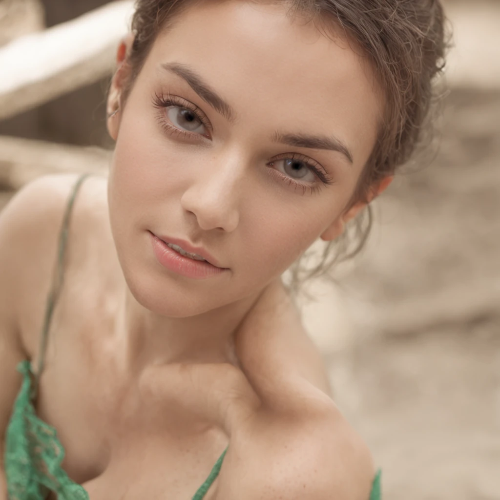 melhor qualidade, foto realista, 4k, linda garota morena, olhos verdes, rosto lindo perfeita, peito pequeno, pele clara,