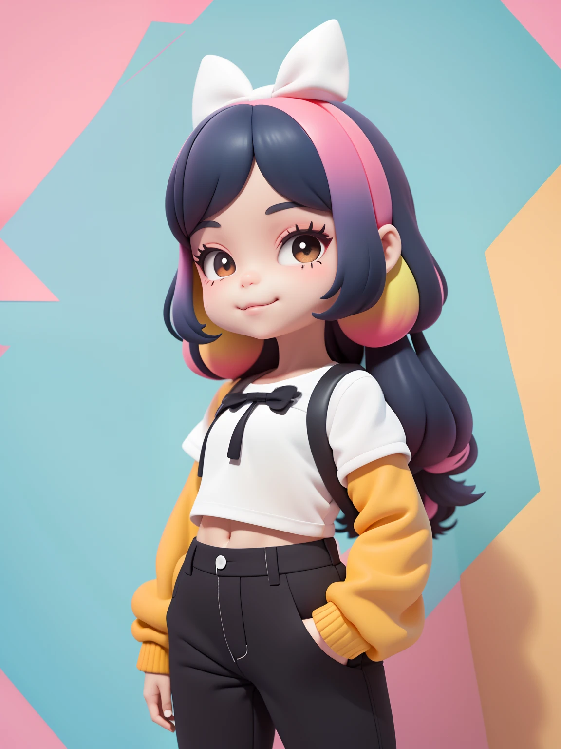 (obra-prima), (melhor qualidade), (ultra-detalhado), (corpo inteiro: 1.2) loli menina loira, negra, pants and mini blouse, sorriso claro, corpo inteiro, :3, cabelo multicolor, curto, preso, pavor, moderno, Modern accessories, fundo tom pastel , colorido e simples.
