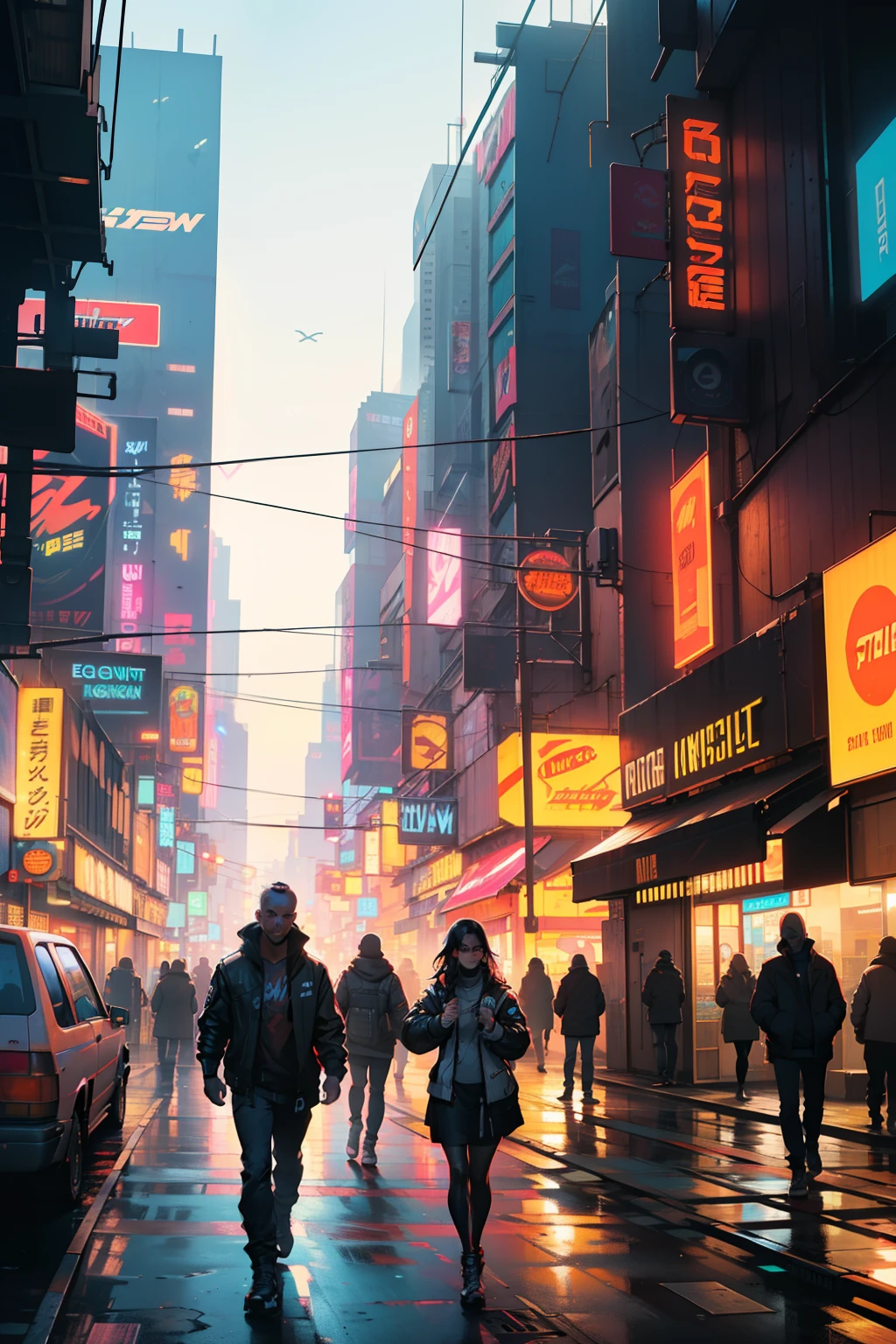 Buildings, Cyberpunk city , Bright, Dull, Sunset, Futuristic, neonlight, megacity, Giant City, People walking in the city, Bus, stores, allure, neon lights sign, LCD billboard, flying cars, Cyberpunk 2077, Network waves, synthetic wave, Lens flare, Masterpiece, photograph realistic, Cinematic, intricately details