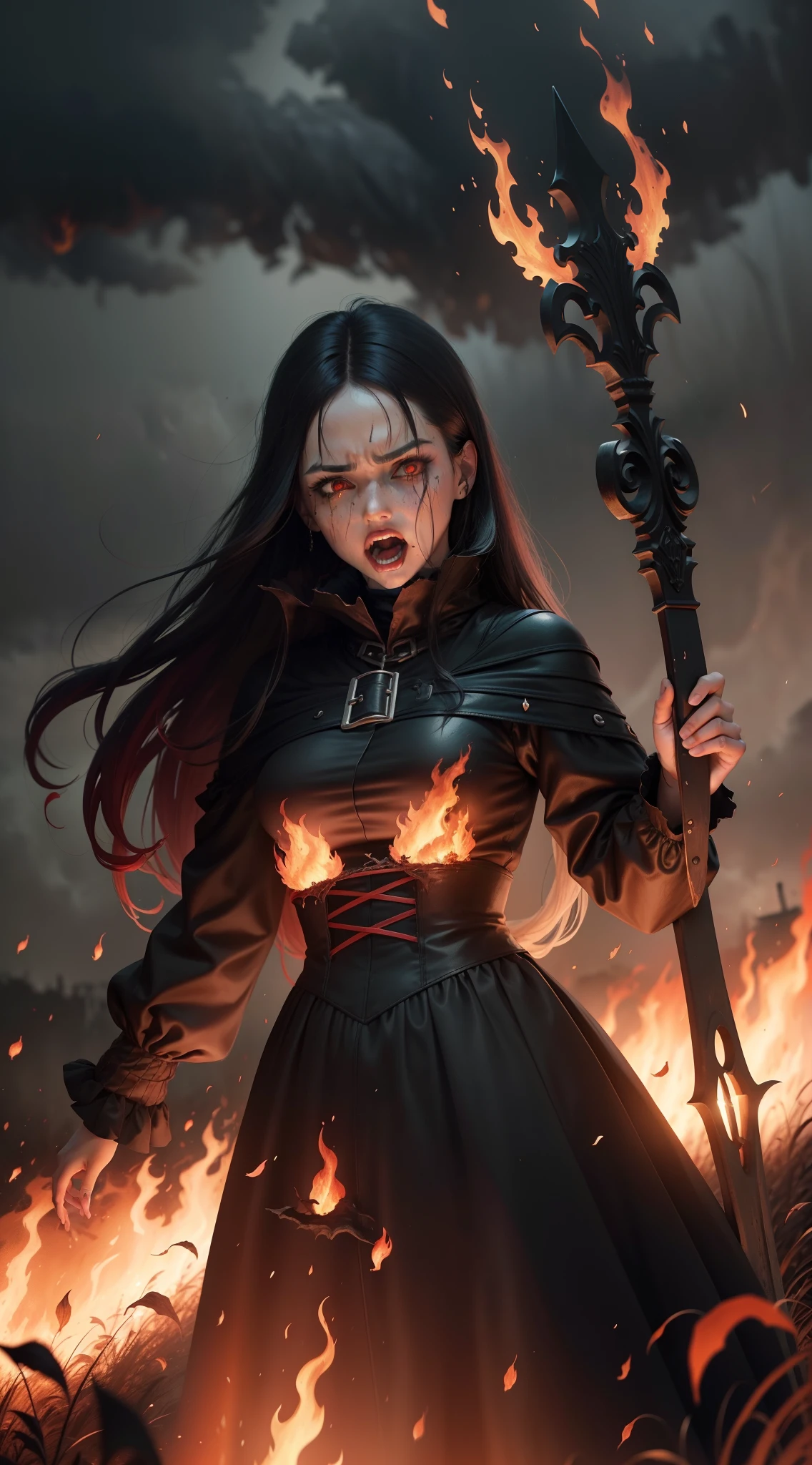 a woman with dark hair, on fire, burning witch at the stake, a lot of flames, painful, screaming, hate, night, fall weather, dark, creepy, cornfield, field on fire, rain, demonic, glowing red eyes, horror, scary, gore, 1600s, town folk