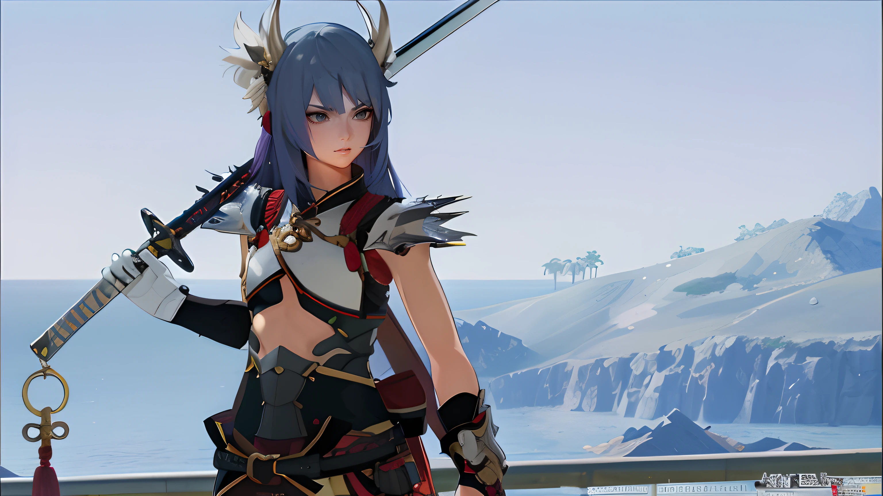 anime character with sword and armor standing in front of a mountain, ayaka game genshin impact, ayaka genshin impact, keqing from genshin impact, final fantasy 14 style, katana zero video game character, zhongli from genshin impact, genshin impact character, video game screenshot>, 8 k character details, thancred waters