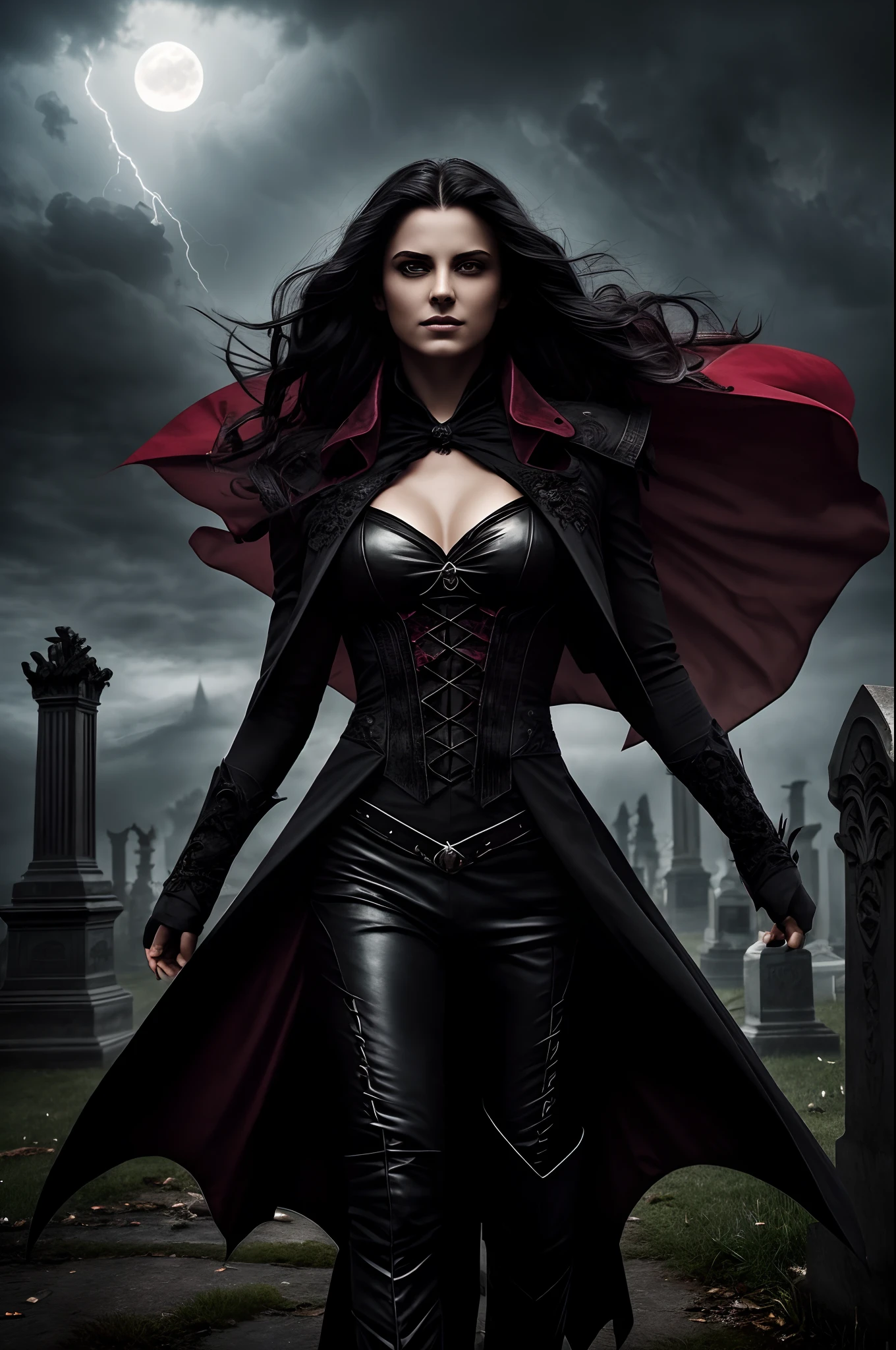 On a night shrouded by a full moon, a male vampire of ancient nobility emerges from the darkness. With sharp canines, piercing red eyes and diaphanous skin, his thick black hair is in disarray as mysterious light illuminates it. She wears a long black coat with frayed ends, billowing in the wind in a sinister dance. In a dramatic pose, she smiles mischievously, revealing (drops of blood dripping from her sharp teeth 1.5 ). Her claw-like nails are sharp and cutting. In the background stands the silhouette of a majestic castle, while dark bats swirl in the air. The eerie red moon lights up the stormy sky, illuminated by intense lightning that rips through the ominous clouds. Rough seas crash on the coast, while a mysterious fog shrouds a nearby cemetery. The vampire's deep, eerie gaze seems to peer into the soul of anyone who observes him. His figure itself seems ethereal and transparent, eluding reality itself. Every detail is vivid and sharp, creating an aura of beauty at once eerie and fascinating. A mysterious attraction pervades the entire scene, capturing the eye and the imagination.