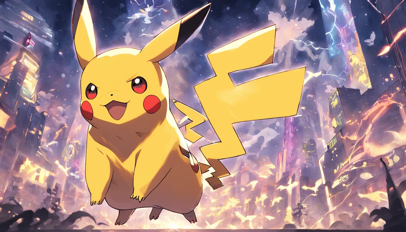 Pokémon Pikachu is flying over the sky of cities, Pikachu, Pikachu surprised, pikachu in a forest, concept art of pikachu, Pikachu Cyberpunk, pikachu in a forest, pikachu on acid, pikachu as a human, Pikachu Real Life, Pokémon Illustration, pikachu as jesus, megaman as pikachu, Pikachu in Space, pikachu tarot card, Mika Pikazo, Pokémon, Scary, Classic Academia, chalk art, Massive scale, Animation, depth of fields, a sticker, Azure color, Abstract, vacuum tube lighting, eight-bit