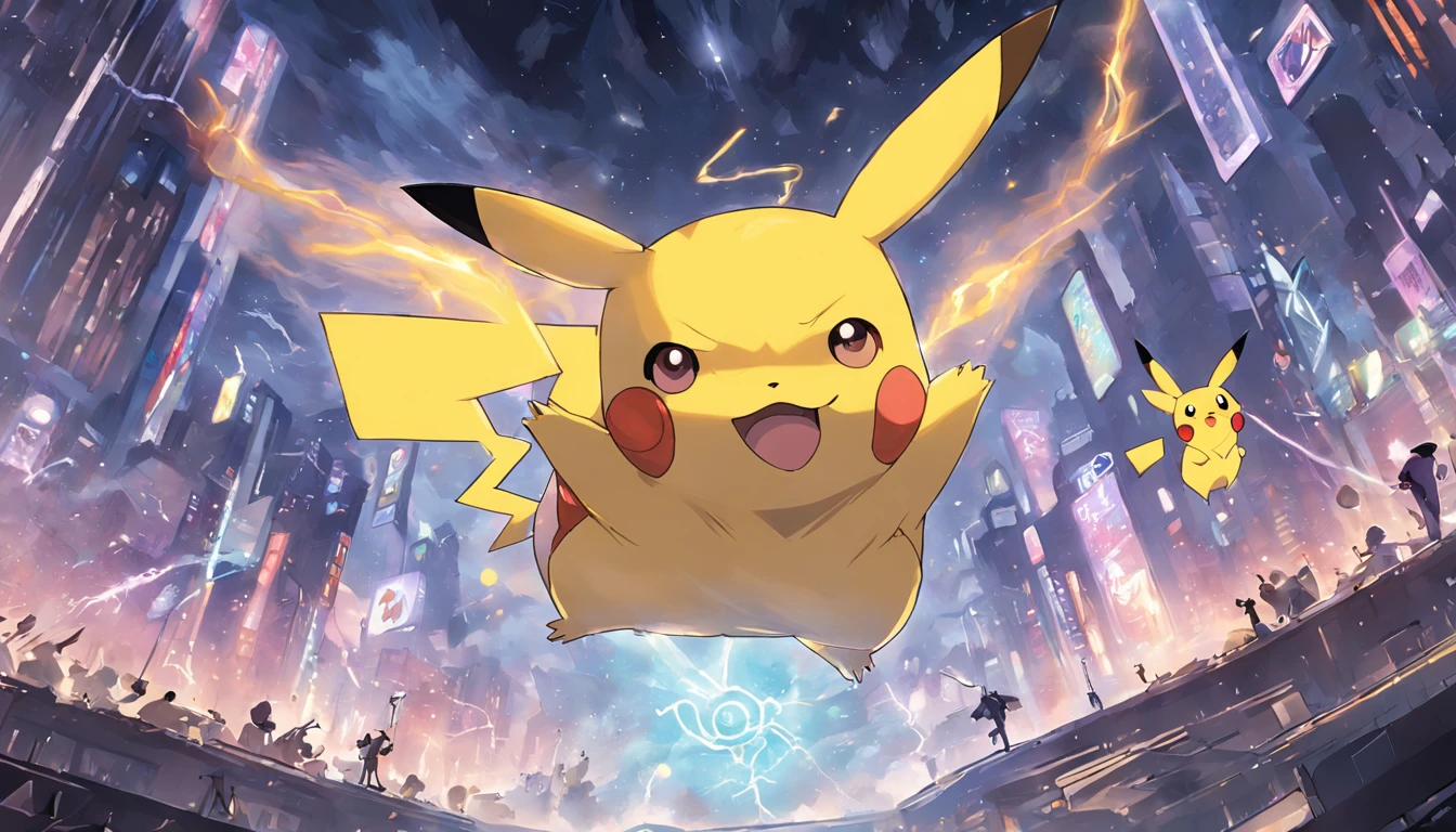 Pokémon Pikachu is flying over the sky of cities, Pikachu, Pikachu surprised, pikachu in a forest, concept art of pikachu, Pikachu Cyberpunk, pikachu in a forest, pikachu on acid, pikachu as a human, Pikachu Real Life, Pokémon Illustration, pikachu as jesus, megaman as pikachu, Pikachu in Space, pikachu tarot card, Mika Pikazo, Pokémon, Scary, Classic Academia, chalk art, Massive scale, Animation, depth of fields, a sticker, Azure color, Abstract, vacuum tube lighting, eight-bit