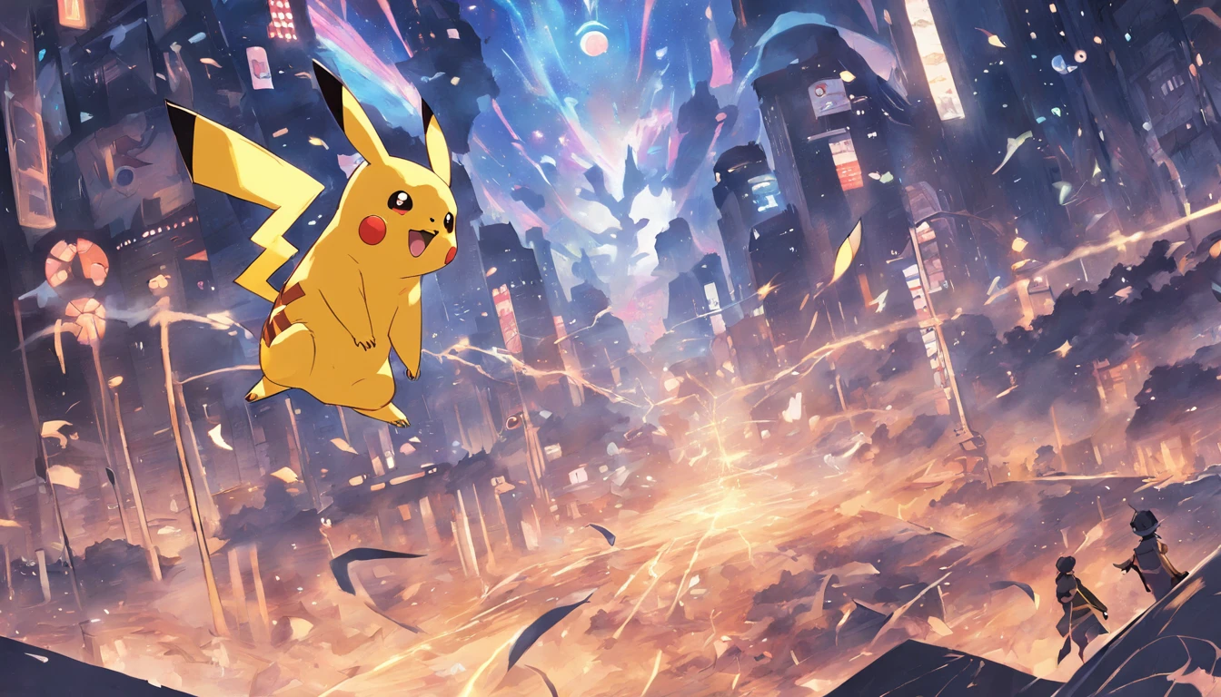 Pokémon Pikachu is flying over the sky of cities, Pikachu, Pikachu surprised, pikachu in a forest, concept art of pikachu, Pikachu Cyberpunk, pikachu in a forest, pikachu on acid, pikachu as a human, Pikachu Real Life, Pokémon Illustration, pikachu as jesus, megaman as pikachu, Pikachu in Space, pikachu tarot card, Mika Pikazo, Pokémon, Scary, Classic Academia, chalk art, Massive scale, Animation, depth of fields, a sticker, Azure color, Abstract, vacuum tube lighting, eight-bit