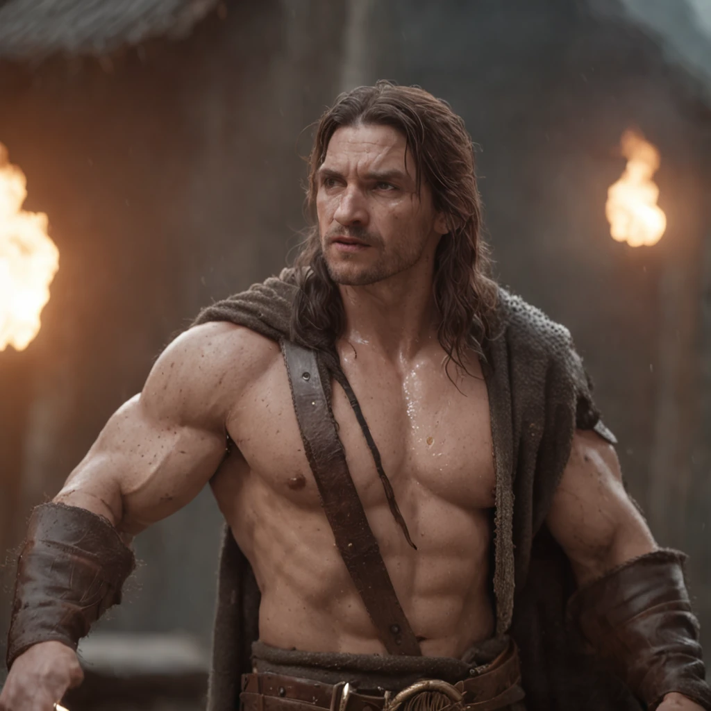 (Renderizado 3D profesional:1.3) de (realista:1.3) The most beautiful art photo in the world,Features soft and bright male heroes, ((Epic hero fantasy muscular rough man wet hero angry look long hair short beard and fierce expression in dynamic pose, Fantastic location, majestuoso entorno desordenado)), Renderizado 8k Unity de cuerpo completo, action shot, poro de la piel, very dark lighting, Sombreado pesado, Detallado, Cara detallada, (Vibrante, Realistic photography, realista, dramatic, oscuro, foco nítido, 8k), (Old leather garments damaged by weathering:1.4), ((((Use pieles)))), (intrincado:1.4), decadente, (Altamente detallado:1.4), Pintura digital, Renderizado por Octane, Estaciones de arte, Concepto-Arte, Suave, foco nítido, 插圖, Arte Germen, (loish:0.23), WLOP Ilya Kuvshinov, y Greg Rutkowski y Alphonse Mucha gracias, (global ilumination, Luz de estudio, Light Volumetric), fuertes lluvias, particles floating, LotR, fantasy, Once, cuerpo completosbian, ((Fondo oscuro y antiguo de la ciudad:1.3)),CGSesociety,Estaciones de arte