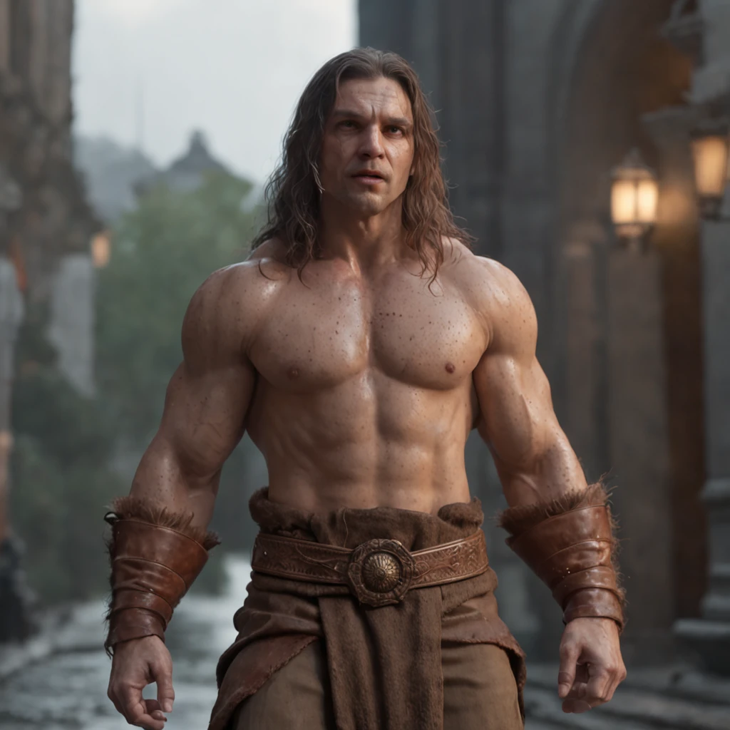 (Renderizado 3D profesional:1.3) de (realista:1.3) The most beautiful art photo in the world,Features soft and bright male heroes, ((Epic hero fantasy muscular rough man wet hero angry look long hair short beard and fierce expression in dynamic pose, Fantastic location, majestuoso entorno desordenado)), Renderizado 8k Unity de cuerpo completo, action shot, poro de la piel, very dark lighting, Sombreado pesado, Detallado, Cara detallada, (Vibrante, Realistic photography, realista, dramatic, oscuro, foco nítido, 8k), (Old leather garments damaged by weathering:1.4), ((((Use pieles)))), (intrincado:1.4), decadente, (Altamente detallado:1.4), Pintura digital, Renderizado por Octane, Estaciones de arte, Concepto-Arte, Suave, foco nítido, 插圖, Arte Germen, (loish:0.23), WLOP Ilya Kuvshinov, y Greg Rutkowski y Alphonse Mucha gracias, (global ilumination, Luz de estudio, Light Volumetric), fuertes lluvias, particles floating, LotR, fantasy, Once, cuerpo completosbian, ((Fondo oscuro y antiguo de la ciudad:1.3)),CGSesociety,Estaciones de arte