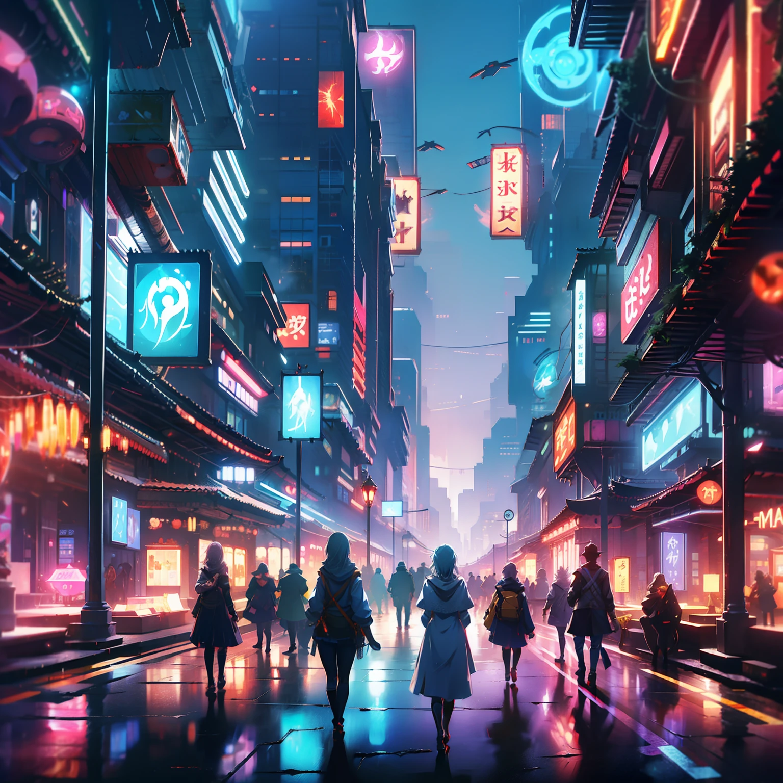 Technologically sensed city,darkly,Flashing,People come and go in the city, animation, Technology development