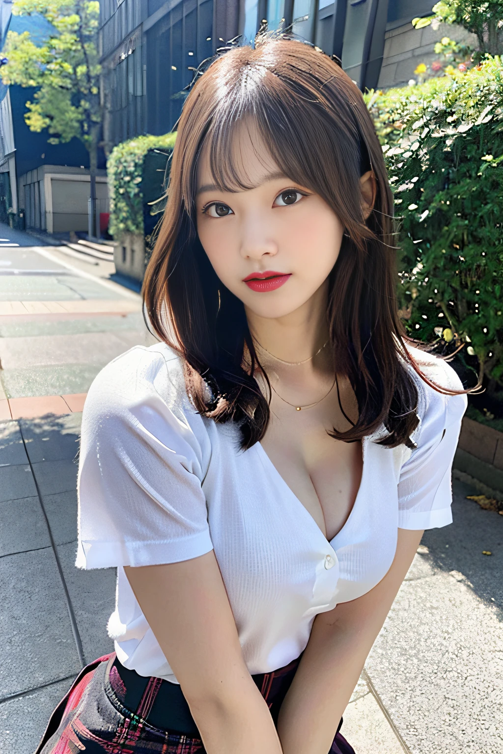 NSFW， 8K Raw photograph， best qualtiy， tmasterpiece， 超高分辨率， filmgrain， cinematic ligh， 1girll， looking at viewert， Natural skin texture， Realistic Eyes and Face Details， full pouty lips， lipsticks， （putting makeup on）， Red eyeshadow， Fluffy hair， messy  hair， ssmile， Keep one's mouth shut， beautifullegs， Tall women， being thin， Slim_Legs， 独奏， gigantic cleavage breasts，， Pose with your hips facing you， Superskirt， hindquarters， The shirt， Beautiful natural location， Location of flowers around， （detailedbackground）， Plaid skirts， white  shirt， gigantic cleavage breasts，， Show a little through the shirt， Loafer shoes， vague background， bblurry， halter， tartan， short- sleeved， JK ribbon around the neck， JK ribbon， brown  hair， bangle， Eau， By bangs， 校服， jewely， parted lip， cparted lips， From the side Side， pleatedskirt， depth of fields，Asian faces