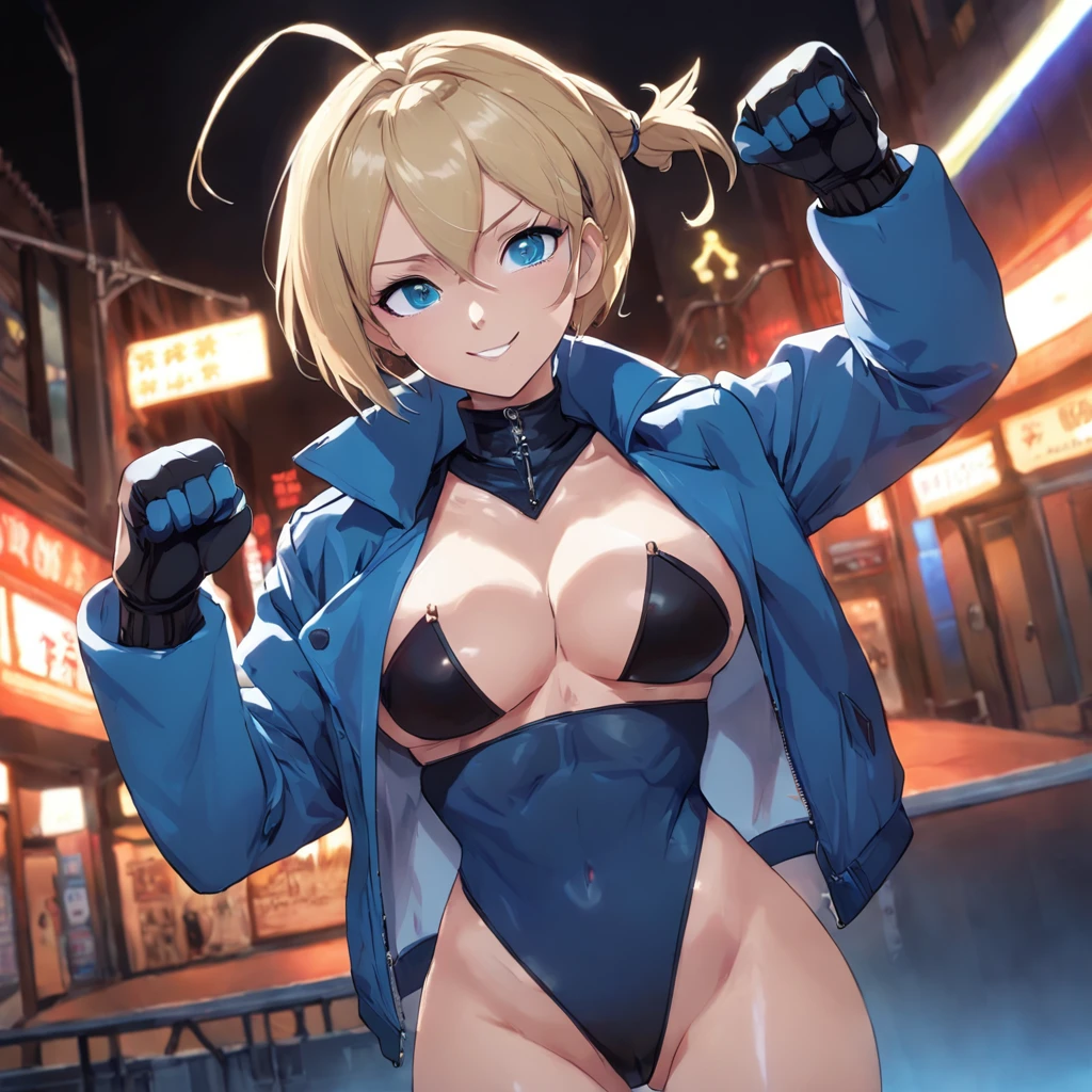 cammy white, short hair, antenna hair, blue eyes, scar on cheek, large breasts, black choker, collarbone, blue jacket, cropped jacket, open jacket, sports bra, midriff, fingerless gloves, black gloves, ((high cut thong lingery sexy)),light smile,ambient lighting,full body shot,