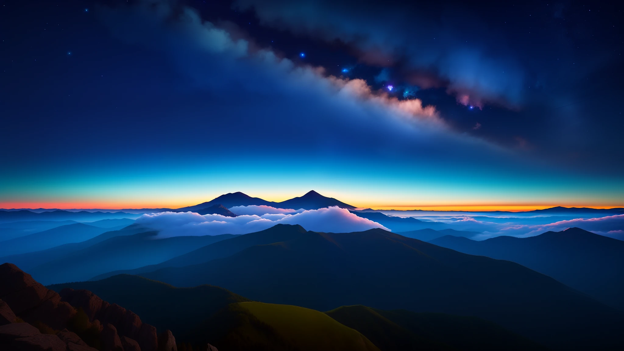 sky, mountain ((8k, 2304X1272)) very original detail, 4 colors that blend evening with night, camera facing from bottom to top, lots of clouds and sky