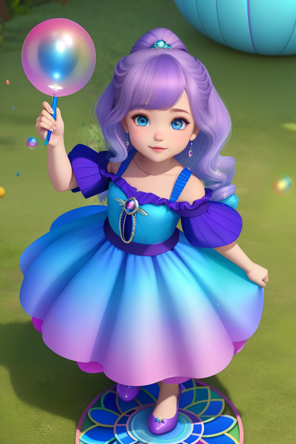 menina, tipo , barnet, vestido com as cores do azul e roxo, produces magical soap bubbles, Center standing on the ground, Estilo Pixar, 8k, majo, cabelos rosa e roxo penteado com coques, olhos azuis, sapato roxo, Estilo Disney.