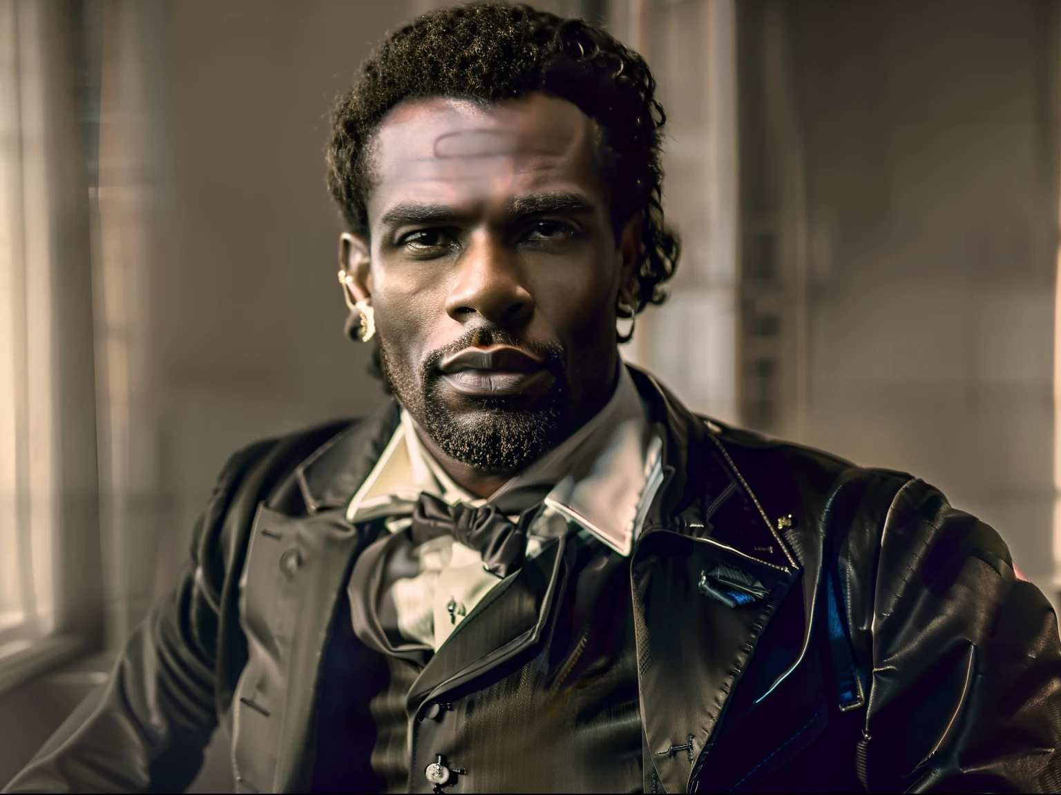 "Retrato de um elegante homem negro jornalista, staring directly at camera"