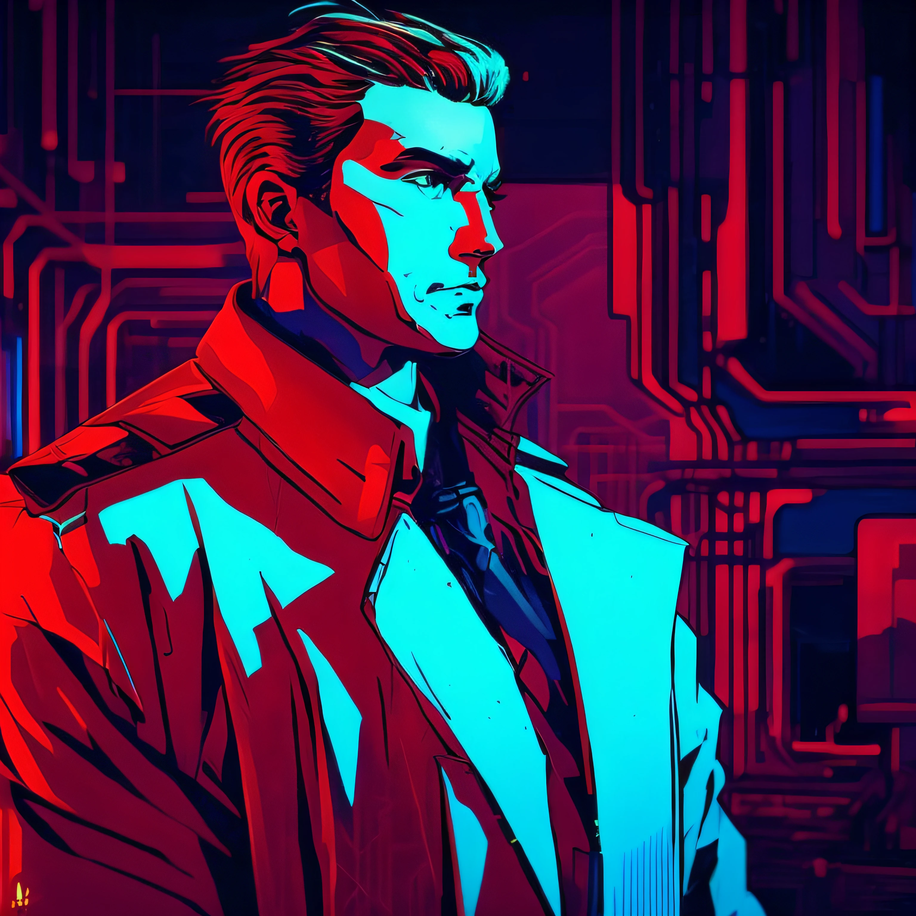 um close up de um homem de terno e gravata em uma sala iluminada por neon, Tecnologia batida. Neo Estilo Preto, estilo de arte cyberpunk, cyberpunk themed art, estilo de arte cyberpunk, arte digital cyberpunk, Arte Cyberpunk, sombreamento cyberpunk, arte de anime cyberpunk, arte digital do anime cyberpunk, masterpiece epic retrowave art, [ estilo de arte synthwave ]!! ]!!