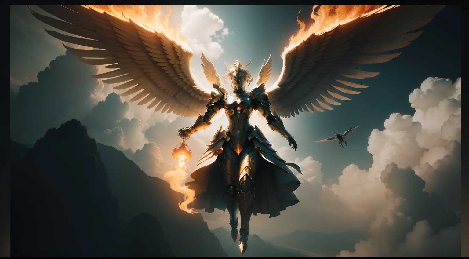 A mythical majestic grand robotic angel descending from a fiery heaven, detailed, Fujifilm, 32k, Imax, color graded, cinematic, moton blur, low contrast