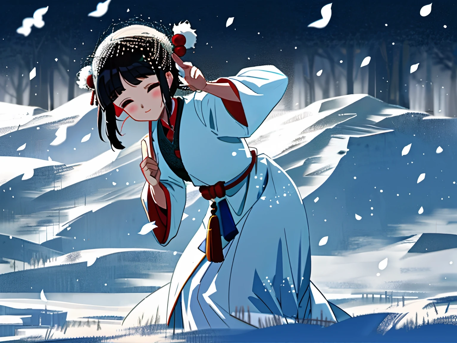 Mu Xue Wonderland,Ancient Style Girl,Flick your fingers,Slim and elegant,Thin silk,The snow is falling quietly,Classical music is picturesque。