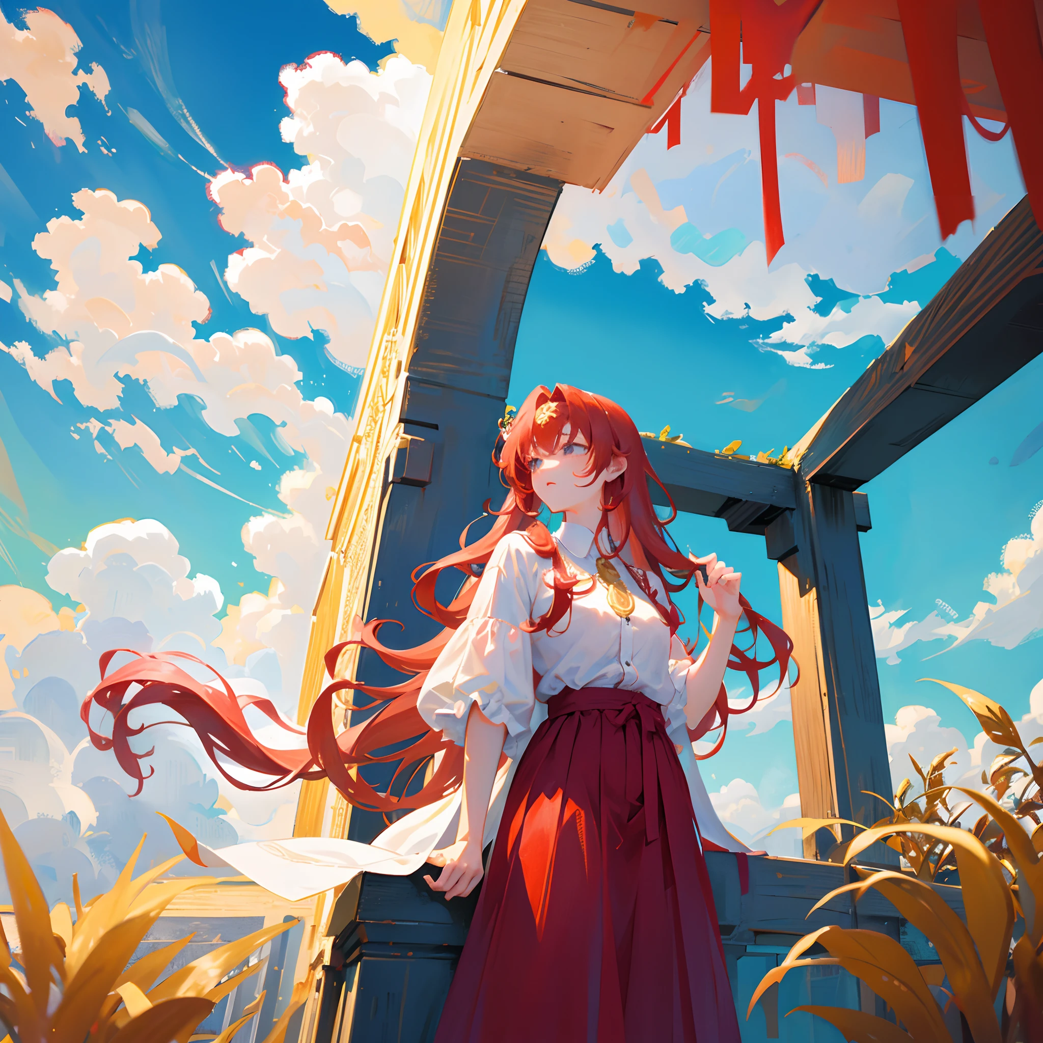 White long hair:1.2, red hair:0.8, greek goddess, golden accessories, young girl, looking down the clouds, view from the side, clouds in background, tired expression