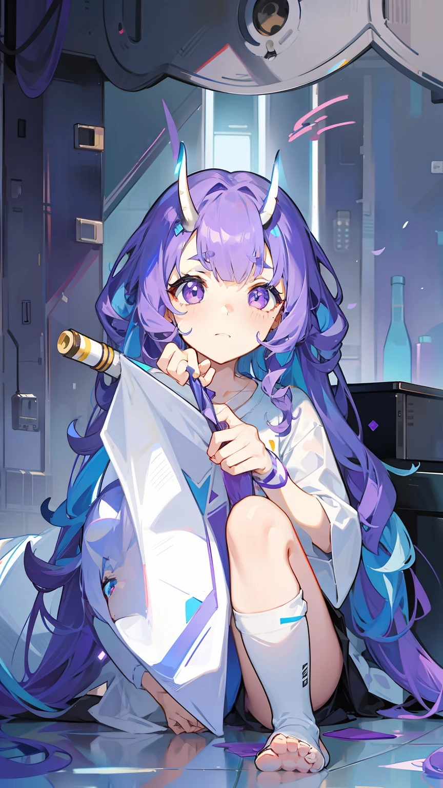 In the lab,A girl with purple curly hair,Purple eye,There are long horns above the eyebrows,dressed in a white t-shirt,The feet are locked,The barefoot,weeping