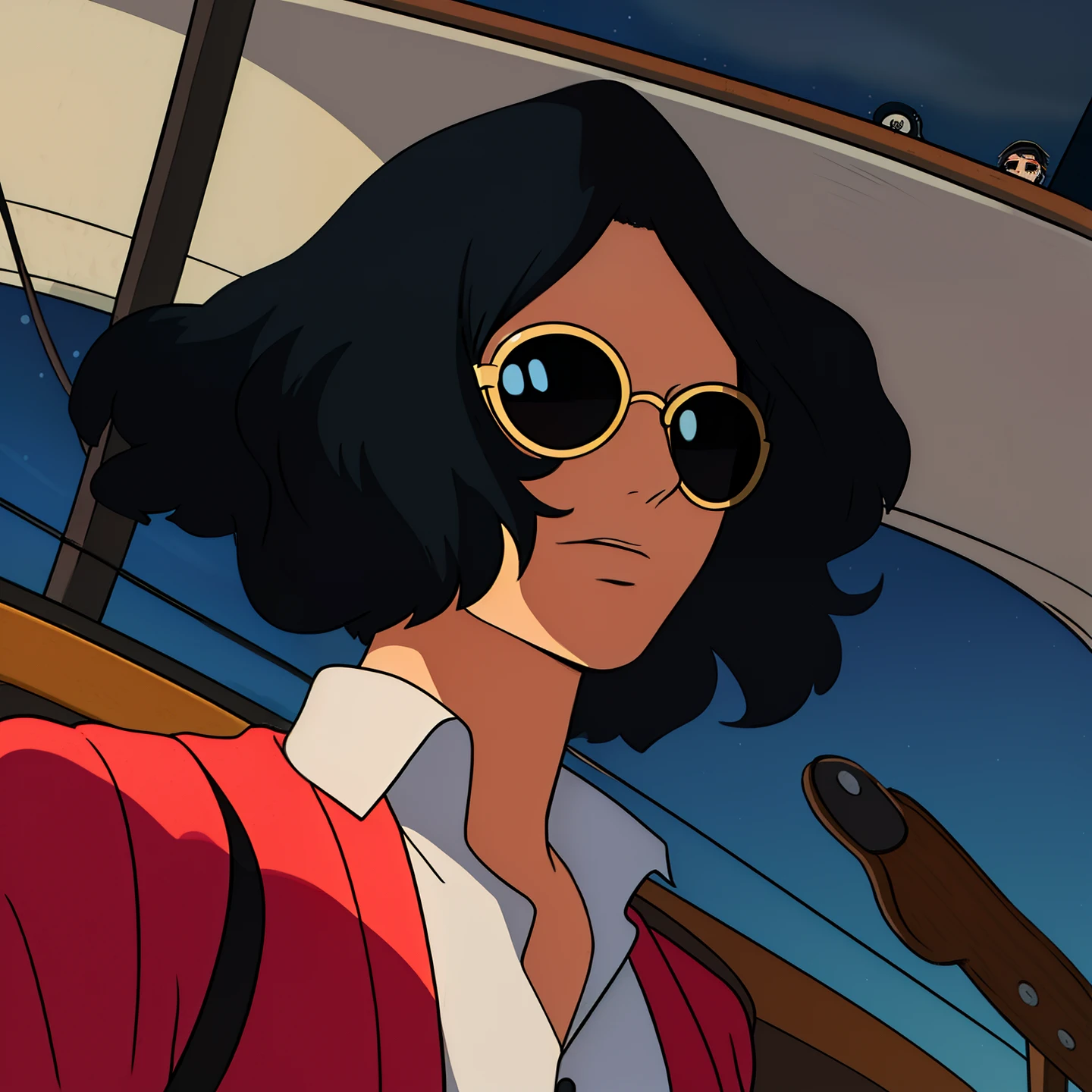 ((best quality)), ((masterpiece)), ((detailed background)), ((high quality illustration)), 1boy, wanostyle, solo, long sleeves, sleeves past wrists, night, sky, afron hair, black hair, black eyes, ((circle shape sunglasses, black sunglasses)), pirate ship background, miyazaki hayao