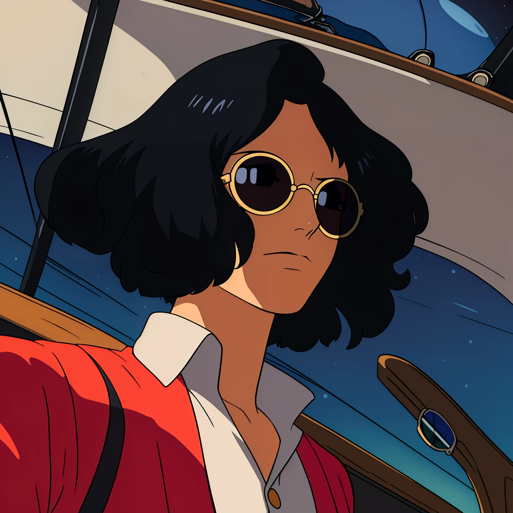 ((best quality)), ((masterpiece)), ((detailed background)), ((high quality illustration)), 1boy, wanostyle, solo, long sleeves, sleeves past wrists, night, sky, afron hair, black hair, black eyes, ((circle shape sunglasses, black sunglasses)), pirate ship background, miyazaki hayao