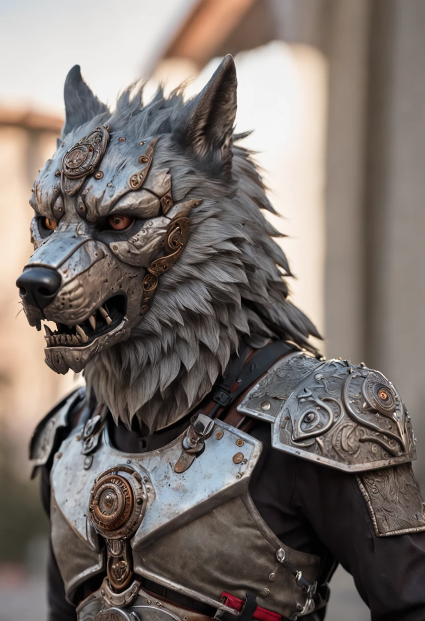 maximum quality, Dramatic lighting, menacing pose, fierce expression, epic atmosphere, (((wolf head shaped helmet))), (((full body shot))),a wolf made out of metal, cyborg, cyberpunk style, clockwork, ((intricate details)), hdr, ((intricate details, hyperdetailed)), incandescent lamps, cinematic shot, vignette, bokeh effect beckground, (canines), (full body shot).