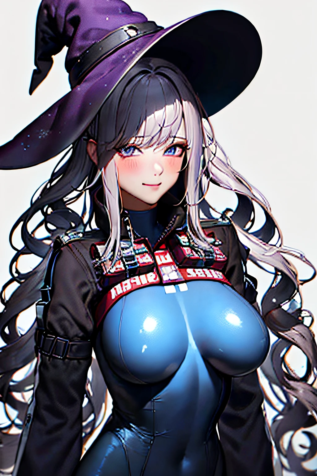 1girl, fantasy ears, no bangs, blush, bodysuit, breasts, closed mouth, gloves, witch hat, impossible clothes, galaxy dress, large breasts, long hair, long sleeves, looking at viewer, dark blue fantasy bodysuit, blue galaxy eyes, simple background, skin tight, smile, solo, wavy hair, upper body, very long hair, white background, dark bluegloves, purple hair, alice \(nikke\),(masterpiece:1.4),(best quality:1.4),(shiny skin),realistic