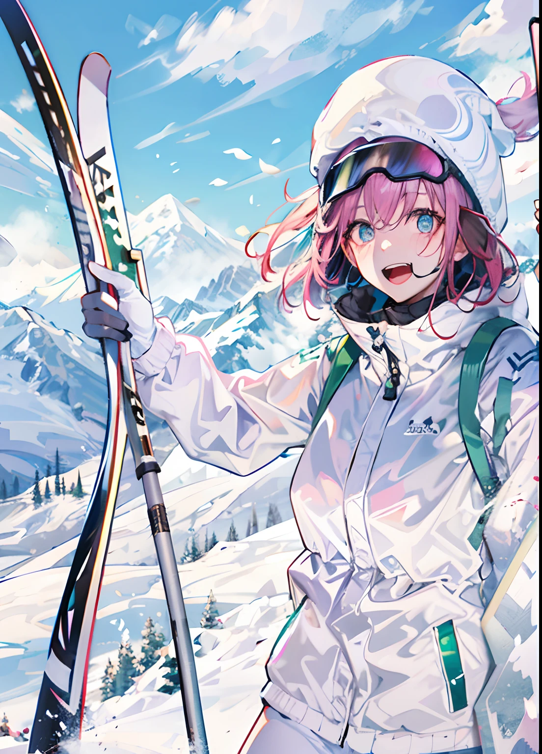 A ski girl in the white jade world： In a white jade realm，A skier wearing white ski equipment，She stands on the slopes，Ski poles in hand，The look in his eyes revealed bravery and excitement。It is surrounded by snow-capped mountains and white snow，The whole scene is full of snow and ice and energy。