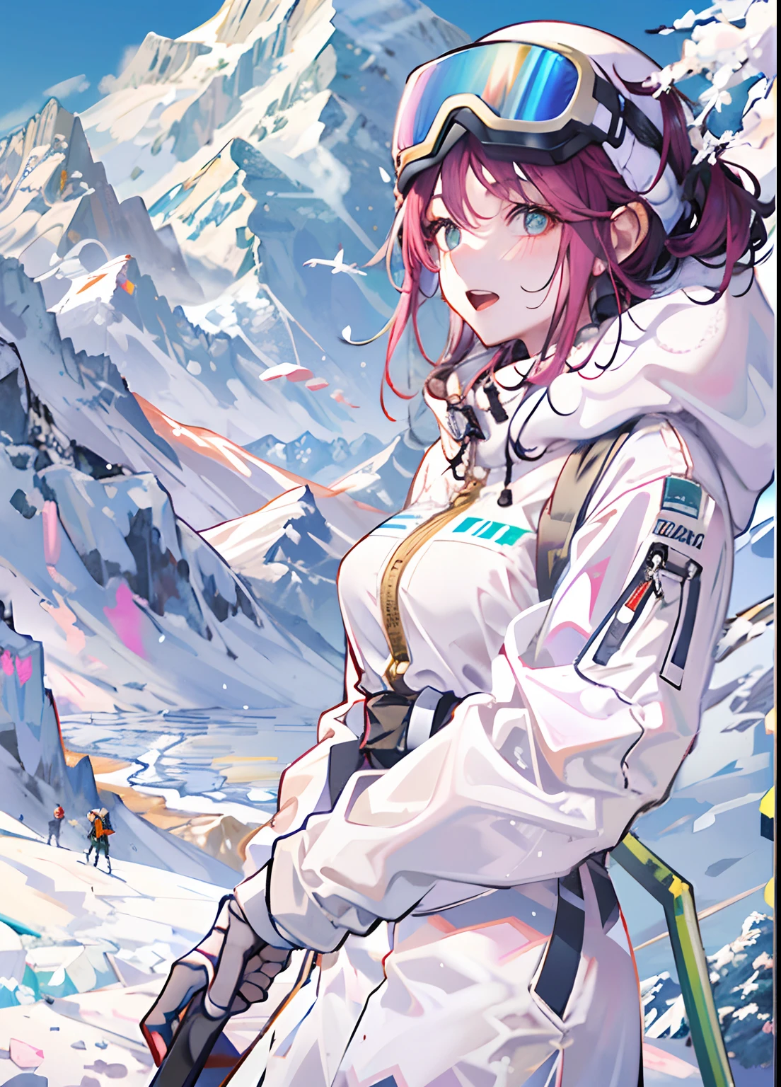 A ski girl in the white jade world： In a white jade realm，A skier wearing white ski equipment，She stands on the slopes，Ski poles in hand，The look in his eyes revealed bravery and excitement。It is surrounded by snow-capped mountains and white snow，The whole scene is full of snow and ice and energy。