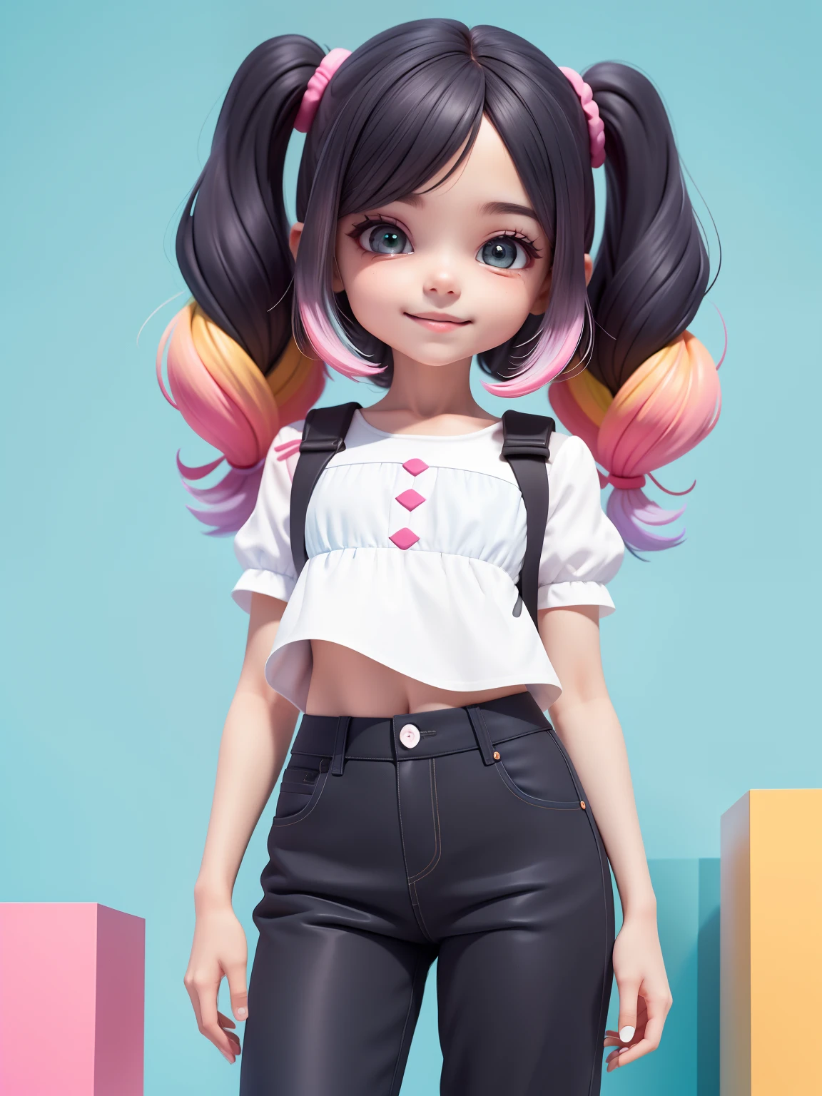 (obra-prima), (melhor qualidade), (ultra-detalhado), (corpo inteiro: 1.2) cute loli menina negra, pants and mini blouse, sorriso claro, corpo inteiro, :3, cabelo multicolor, enrolado, encaracolado, crespo moderno, Modern accessories, fundo tom pastel , colorido e simples.