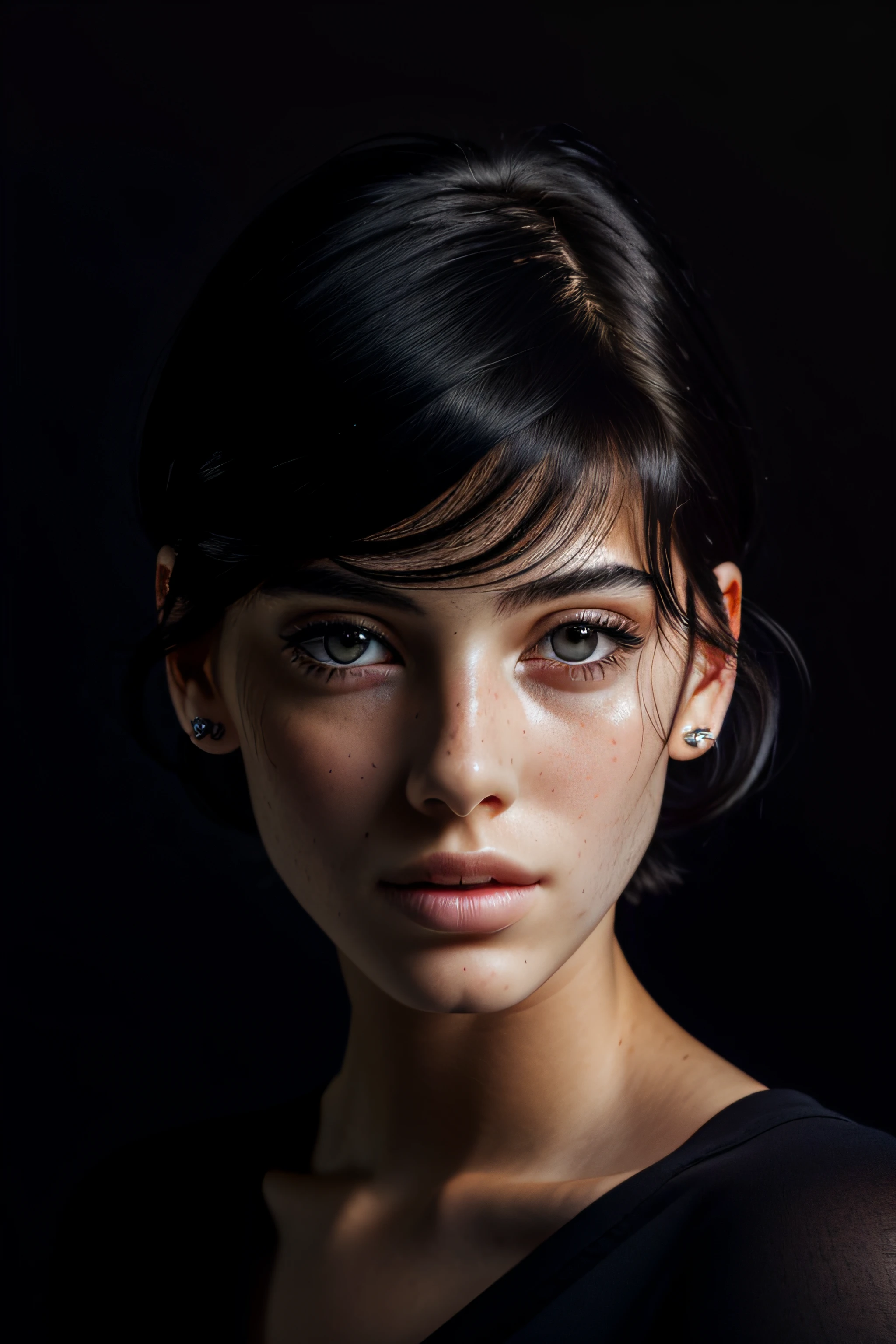 (RAW photo, best quality), (realistic, photo-realistic:1.2), 1girl, high quality, (high detailed skin:1.4), puffy eyes, gorgeous hair, (dark room:1.3), (rim lighting:1.3), (dimly lit:1.3), (dark night:1.3), indoors, portrait, black hair, dark background, short hair,