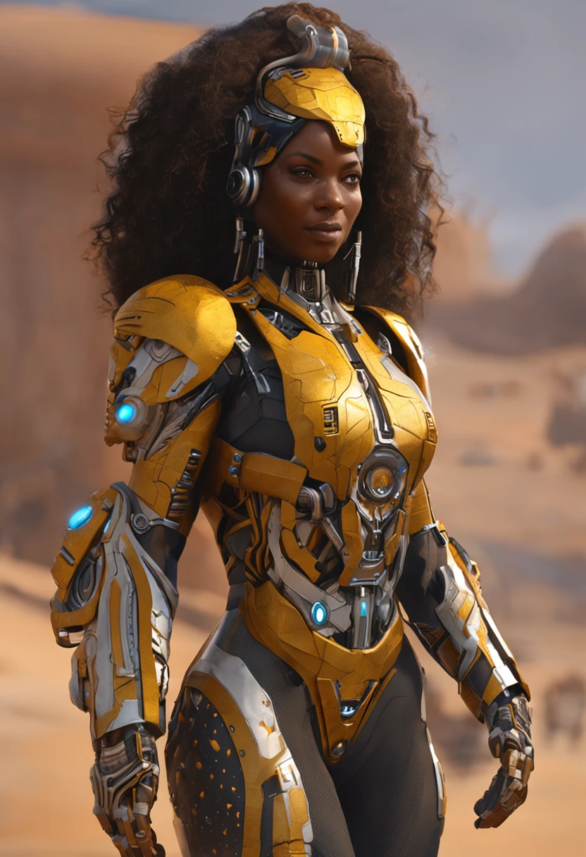 somente [1 mulher negra, curly hair, etnia africana, Destaque Olhos Azuis Claros], vestindo o traje do Homem-Aranha + Cybernetic armor, black with golden pieces, curly hair, cabelos muito curtos, Terno muito mecha, olhos azuis , his eyes looking directly at the viewer with a shy smile, rendering octane, Looking at the Viewer, (((pose interagindo e apoiando-se em algo))), on top of a building on the balcony, machines, Windows, Paredes, background showing the view of the city with the sunset, ((corpo inteiro):1.5). 16k, UHD, best possible quality, ((best possible detail):1), best possible resolution, Motor Unreal 5, fotografia profissional,Juavatar,