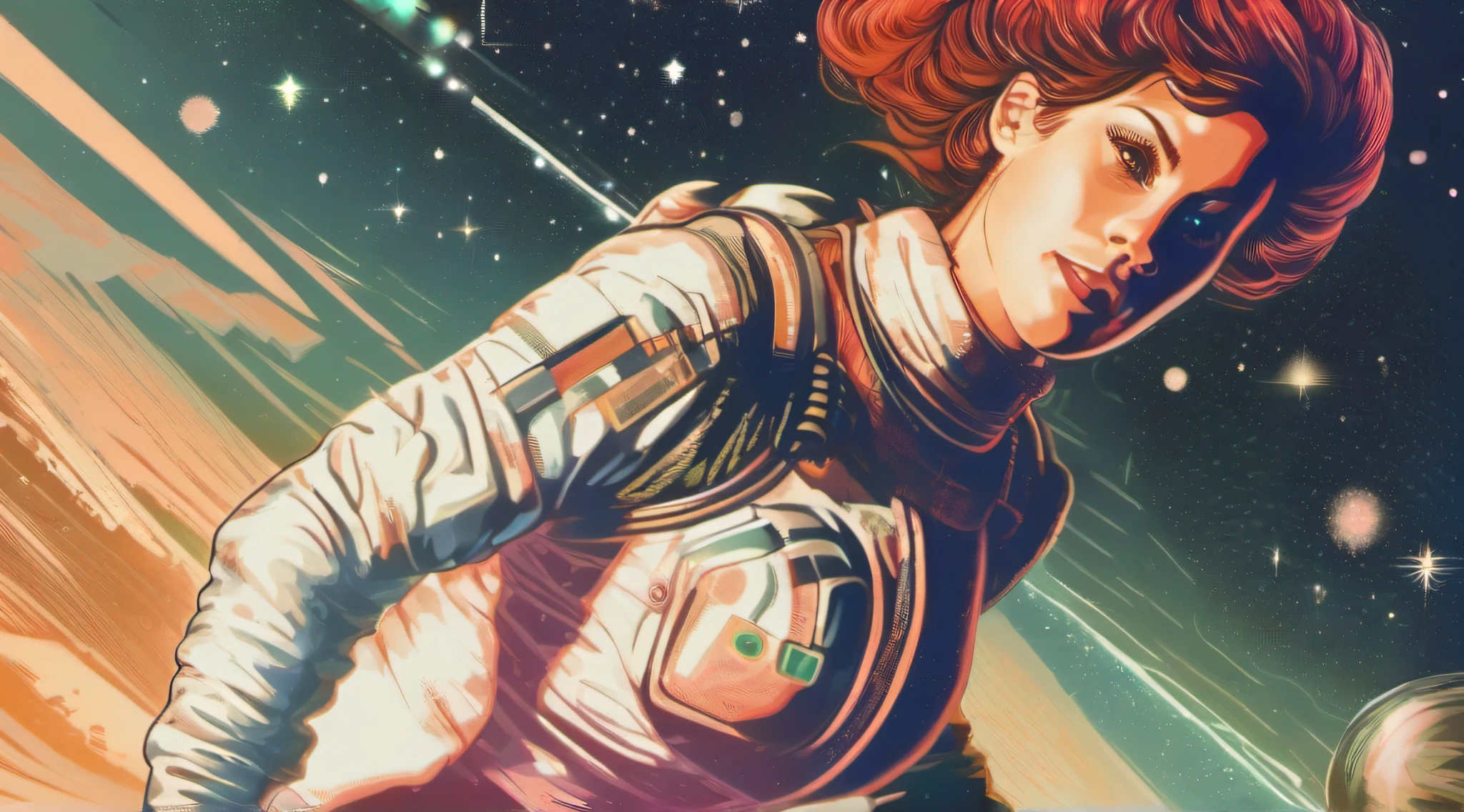 arafed woman in a space suit using a tablet computer, artgerm julie bell beeple, wojtek fus, ross tran 8 k, portrait of an ai astronaut, greg beeple, portrait anime space cadet girl, sci-fi digital art illustration, jen bartel, sci-fi digital painting, artgerm craig mullins