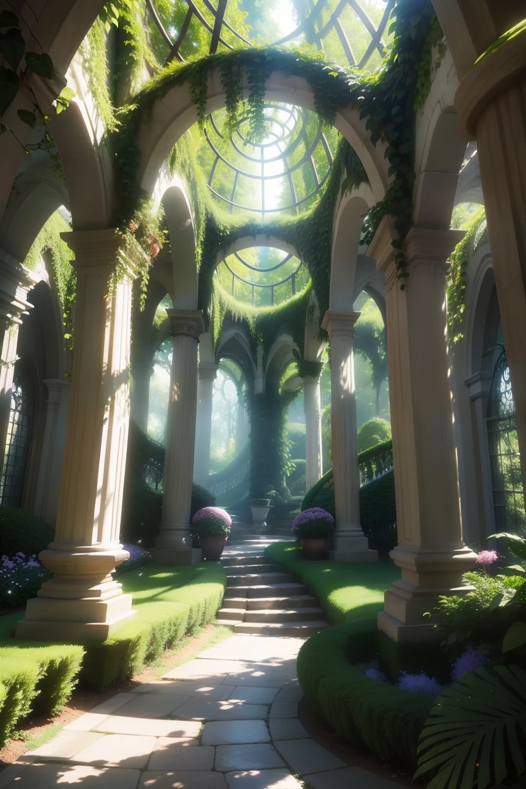 exotic vegetation, Spiral-shaped bushes that look like they came out of a fairy tale, Sparkling vineyards that intertwine in enchanted arches, Crystal trees that reflect sunlight in a thousand colors, Giant ferns with gently swaying leaves