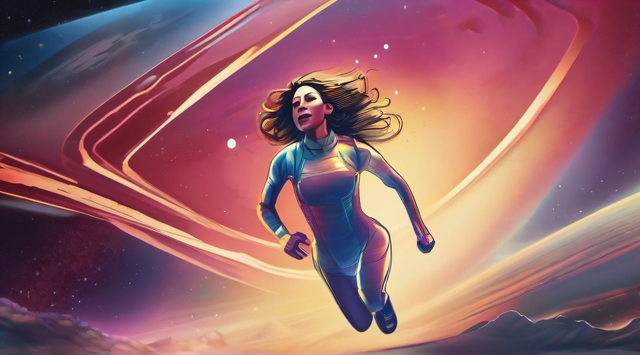 A woman running in outer space