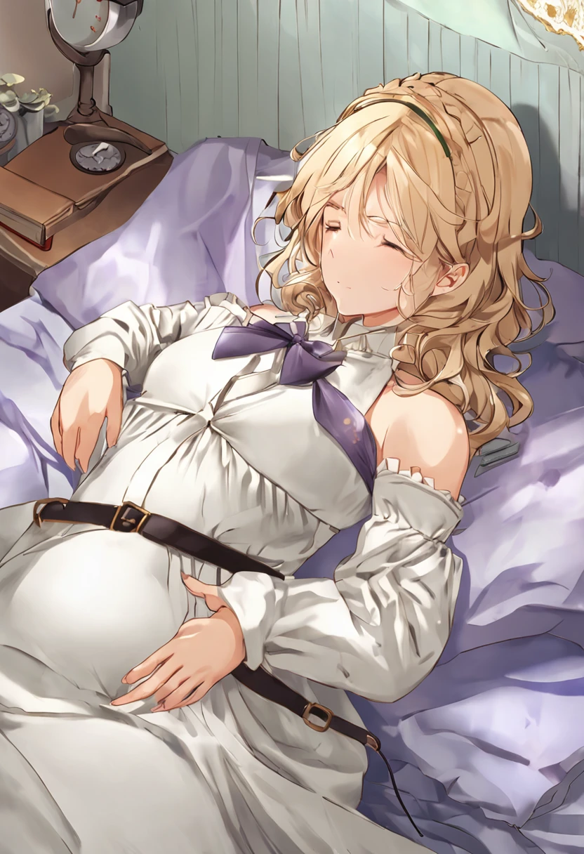 (masterpiece, best quality:1.3), 1girl, nice hands, gold hair, 1 girl, upper body violet_evergarden sleeping on bed closed eyes, medium breasts, perfect face, blond hair, hair ribbon, long sleeves, white dress, green gem, brown gloves, indoor, chair, window, bed, looking at viewer, pregnant, pregnant belly, ((pregnant)), black chocker on neck. a dog leash around her neck