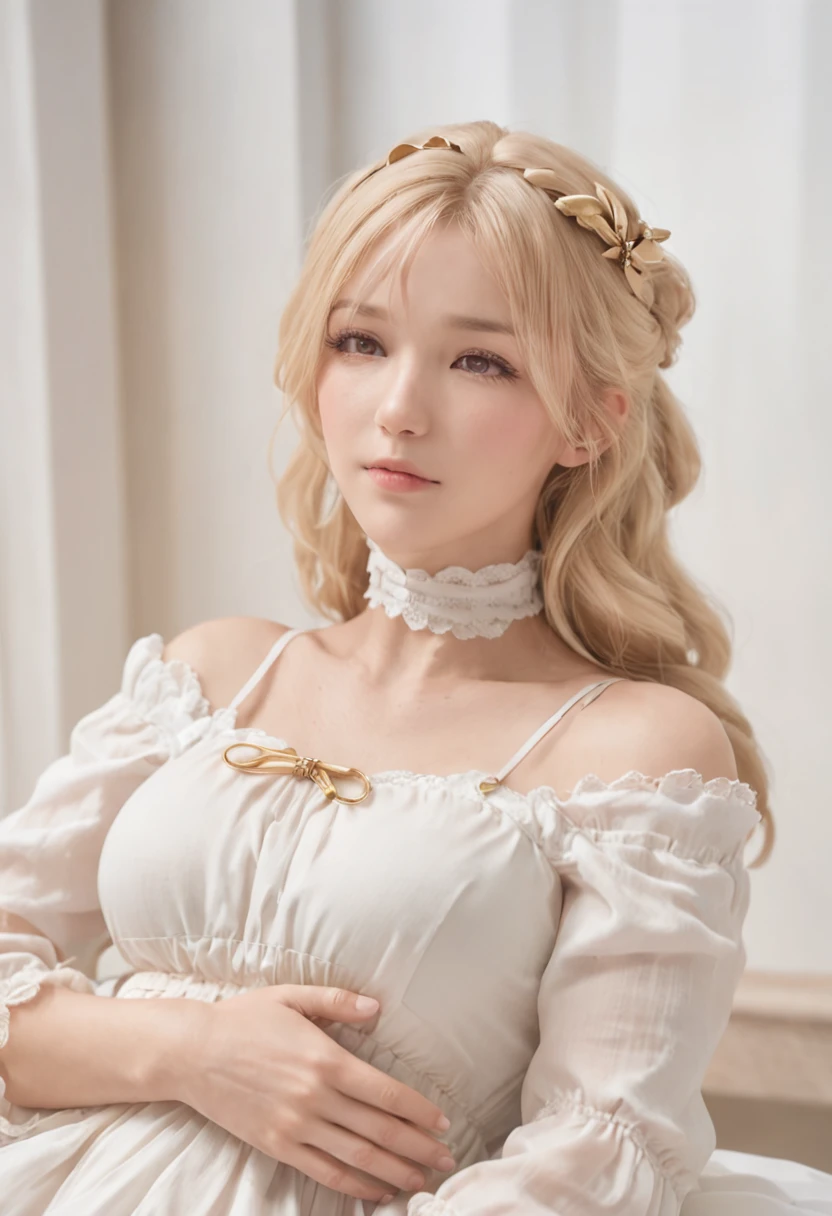 (masterpiece, best quality:1.3), 1girl, nice hands, gold hair, 1 girl, upper body violet_evergarden sleeping on bed closed eyes, medium breasts, perfect face, blond hair, hair ribbon, long sleeves, white dress, green gem, brown gloves, indoor, chair, window, bed, looking at viewer, pregnant, pregnant belly, ((pregnant)), black chocker on neck. a dog leash around her neck
