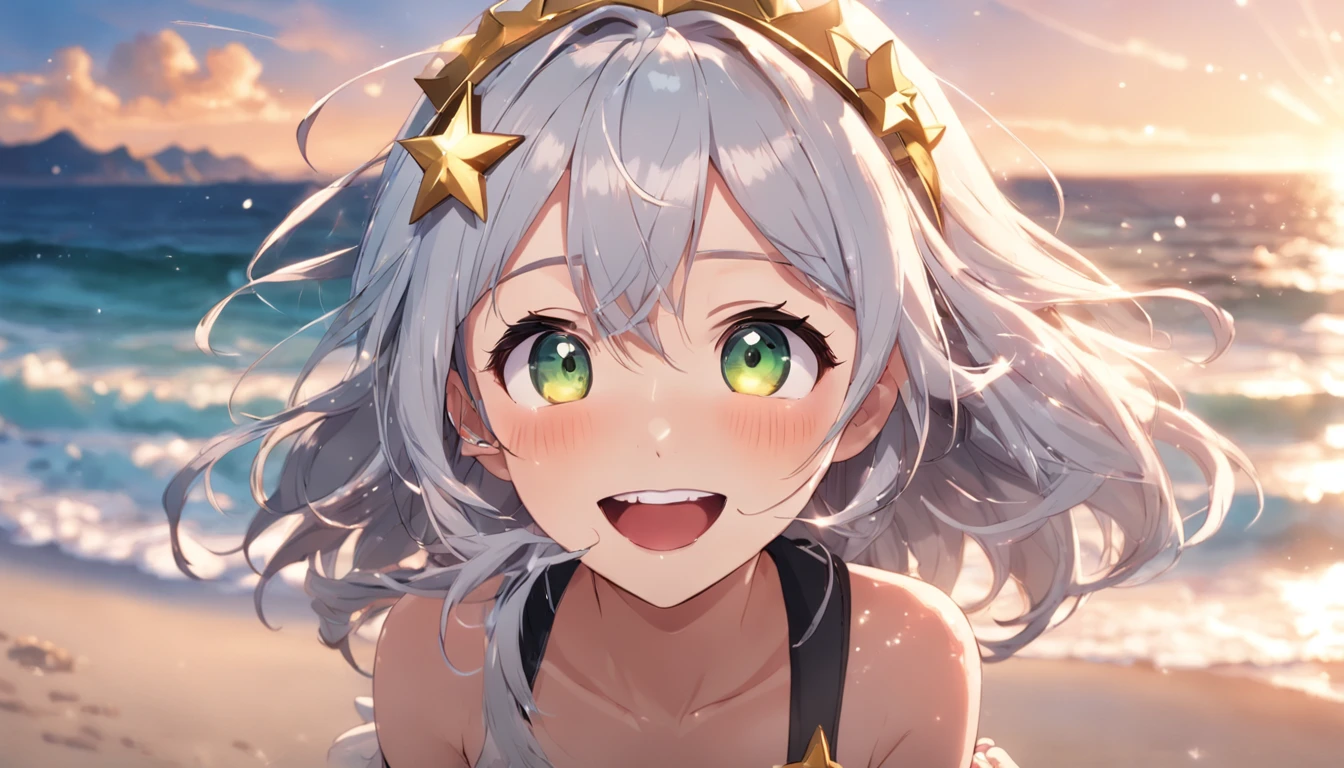 The smiling beautiful girl looked sideways, The background is the sea, silver hair, mole under mouth, star-shaped pupils, grin, smile, raised eyebrow, head wreath, anime style, cinematic lighting, viewfinder, panorama, 4K, highres, best quality