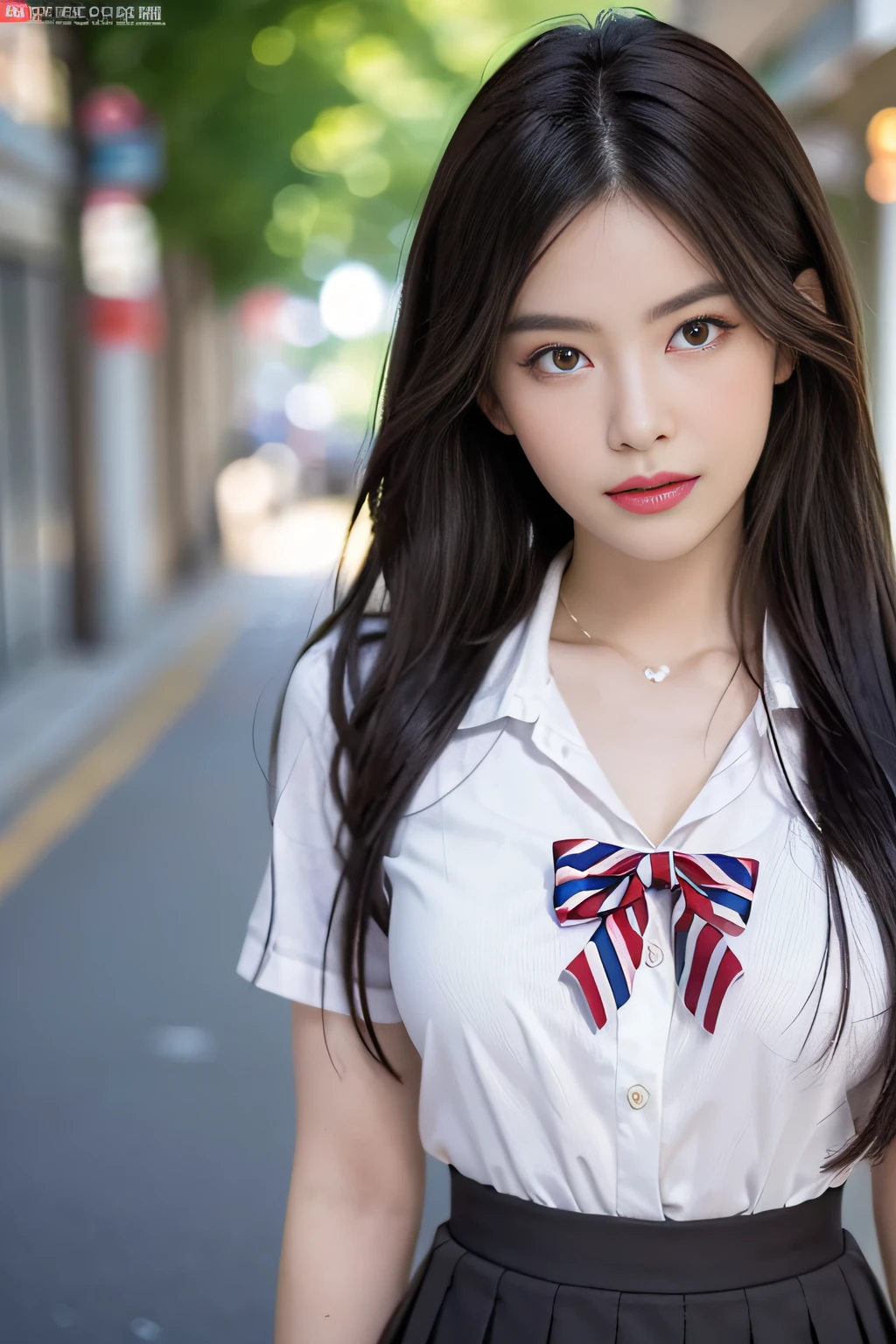 (Raw-Photo)、(masterpiece、Top Quality:1.3、ultra-definition)、(ultra detailed 8k cg:0.4)、(A hyper-realistic:1.35)、(Photorealcitic:1.45)、(realisitic:1.5)、Open-air bath、Outside the house、stand up、(((wearing school uniform, miniskirt)))、Beautiful women、Age 18、supermodel、Perfect Figure:1.4、(Curved chest)、((photorealistic lighting))、Clear Focus:1.2、break、 1girll、Perfect Body Beauty:1.4、Slim Abs:1.1、((Dark-brown hair:1.2))、(Accelerate:1.4)、bangss、(Slim Faces、Microscopic eyes、Narrow Eyes)、Double eyelidd、((closed mouth))、length hair、Front view、fluttering hair、((bobbed black hair)), cleavage of the breast、necklaces、school uniformss, miniskirt, filmgrain
