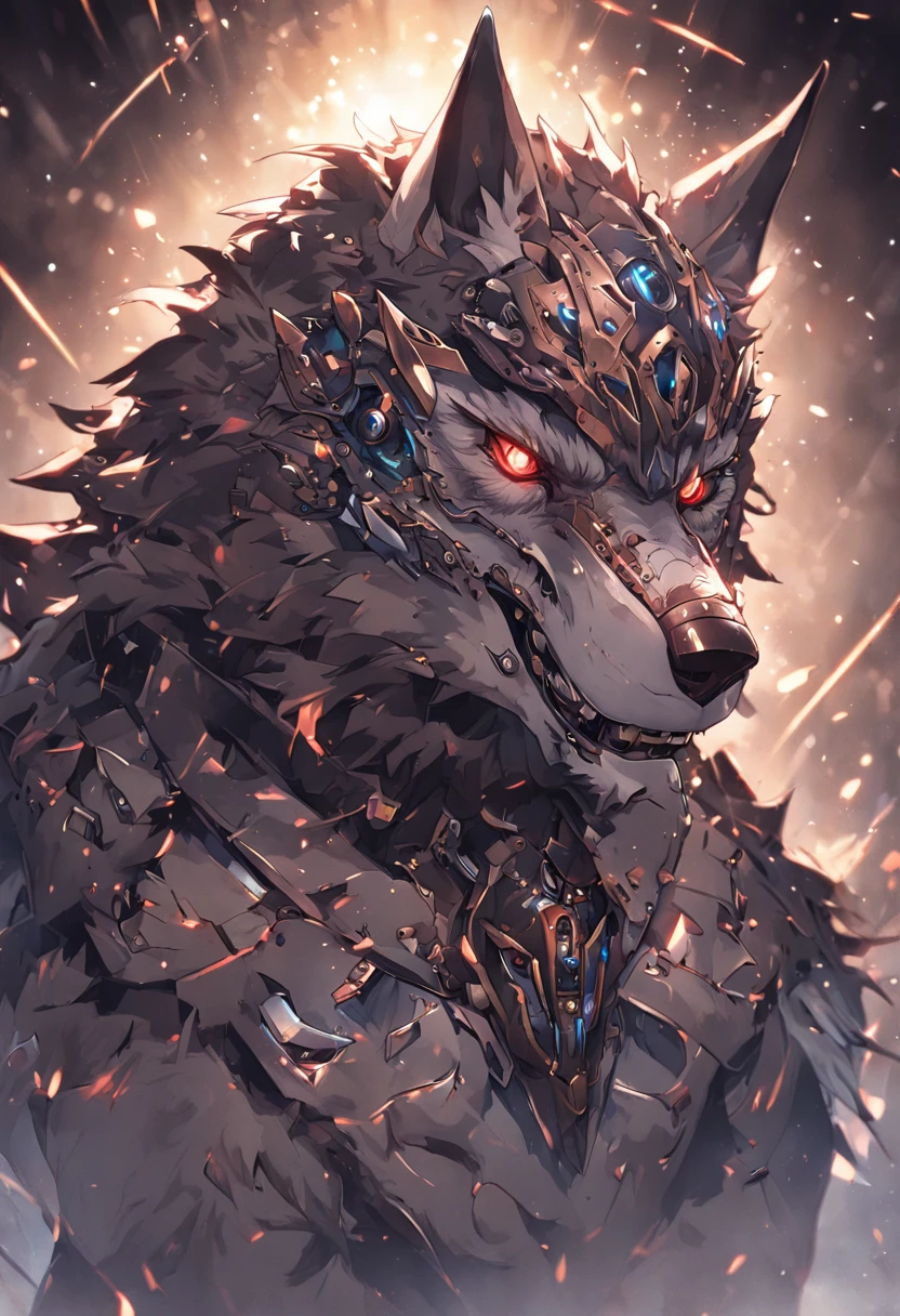 maximum quality, Dramatic lighting, menacing pose, fierce expression, epic atmosphere, (((wolf head shaped helmet))), (((full body shot))),a wolf made out of metal, cyborg, cyberpunk style, clockwork, ((intricate details)), hdr, ((intricate details, hyperdetailed)), incandescent lamps, cinematic shot, vignette, bokeh effect beckground, (canines), (full body shot).